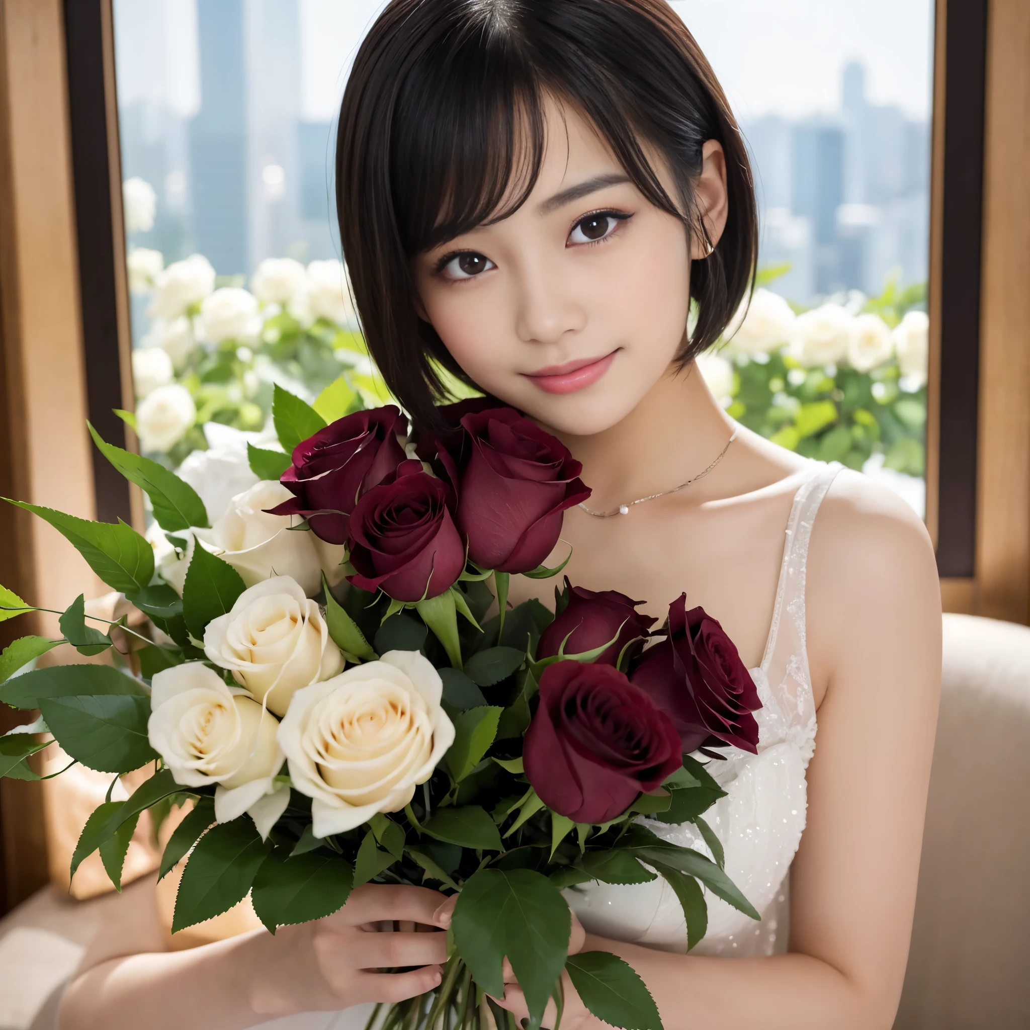 Best-quality, Masterpiece, Ultra-High-Resolution, (Photorealistic:1.4), Raw-Photo, 1girl, 15-years-old, the most famous Japanese idol, portrait, at luxury-hotel-suite, carrying a large bouquet of roses, extremely cute face like a most popular Japanese idol, ((extremely beautiful big-black-eyes)), extremely beautiful black-short-cut-haired, extremely beautiful skins, extremely beautiful long-eyelashes, extremely beautiful lips, detailed large-bouquet of roses, looking at viewer, innocent smile