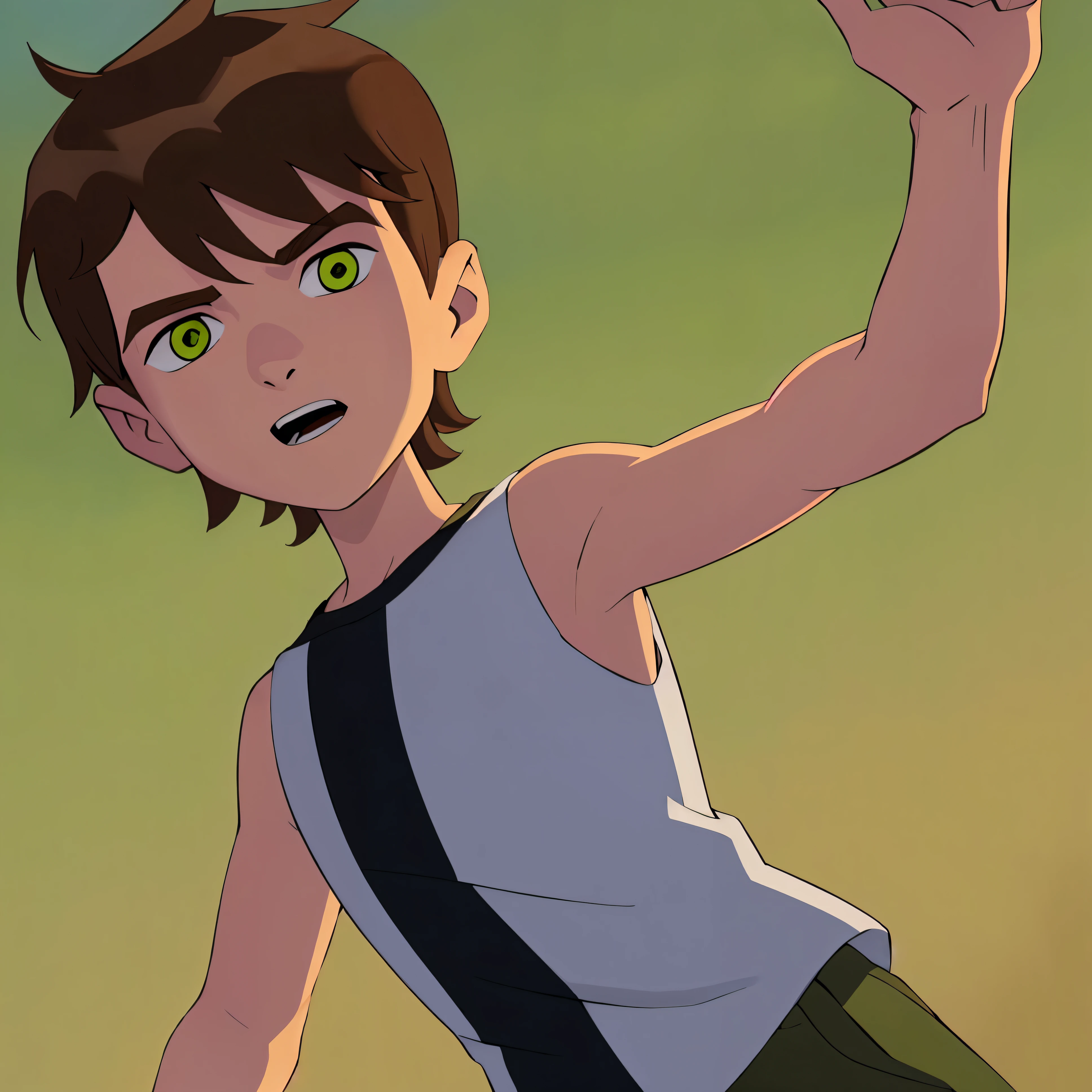 Highres, Masterpiece, Best quality at best, Best Quality, 1boy, bentennyson, green eyes, cargo pants, tank top, close-up the body, upper body,  the day, summer