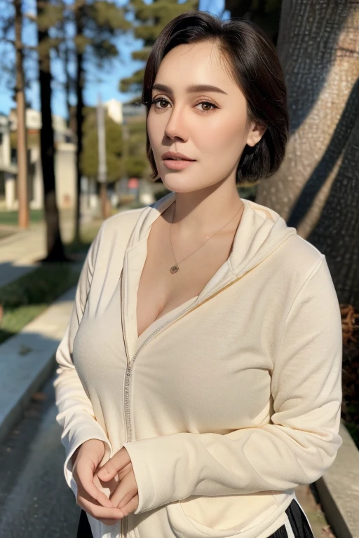 (8k, RAW photo, best quality, masterpiece:1.2), (realistic, photo-realistic:1.4), \(ulzzang-6500-v1.1\), \(detailed eyes\), \(detailed facial features\), \(\(detailed clothes features\)\), (upper body), (large breasts, cleavage), (face focus), extremely detailed CG unity 8k wallpaper, huge filesize, ultra-detailed, highres, absurdres, beautiful eyes, ray tracing, dramatic shadows, fine detail, dramatic angle, high saturation, lens flare, dramatic, god rays, silk, hyperrealistic, standing,( looking at viewer),
Female athlete wearing tight yoga pants, jogging through a forest trail,
lush forest, surrounded by trees and wildlife,
The atmosphere is peaceful yet invigorating, 
with the girl's breath visible in the crisp air and the leaves rustling underfoot as she runs along the path.,cityscape,