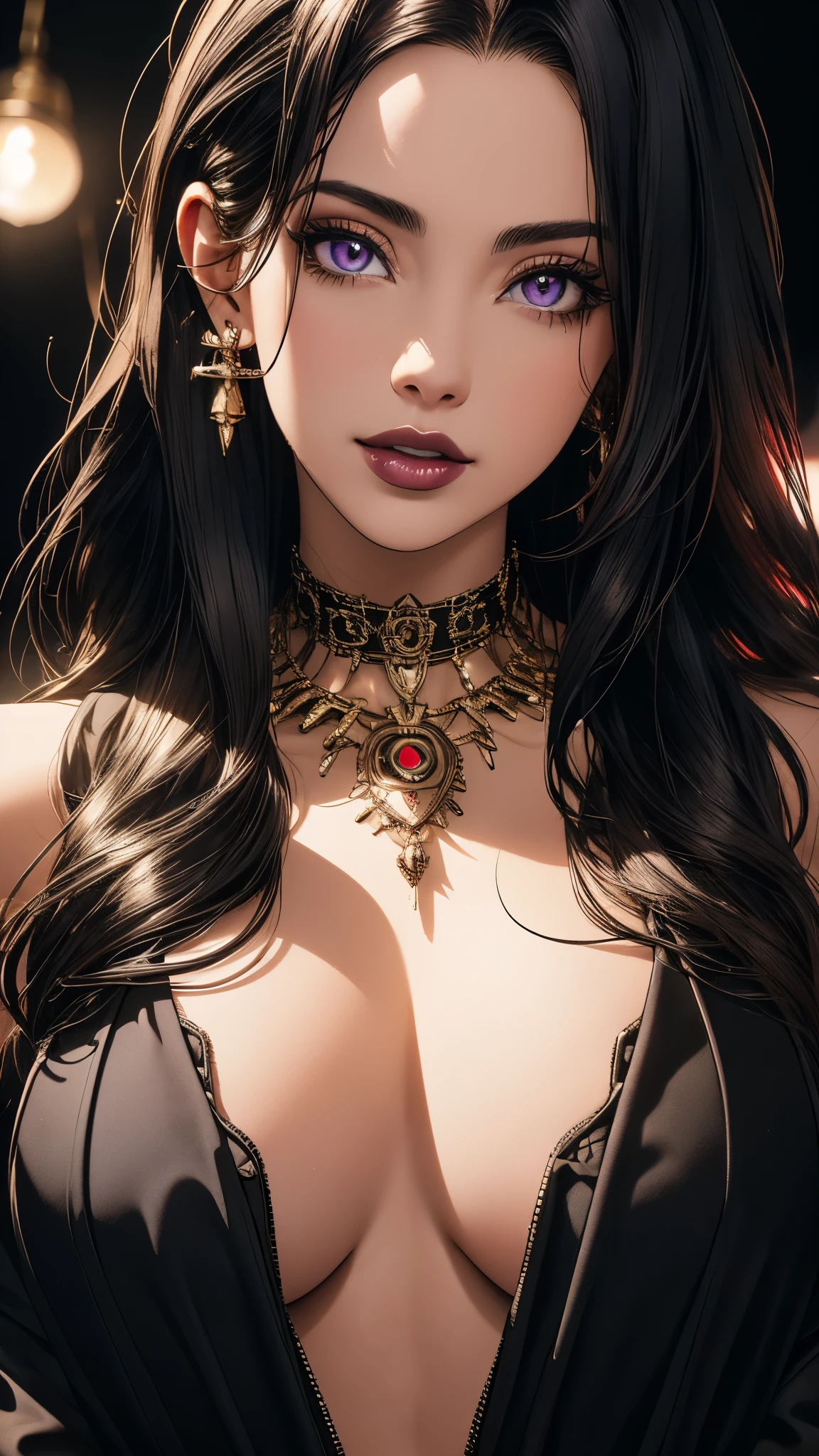 Photograph, Professional, upper body, (detailed face and eye:1.4), purple eyes,((deep cleavages)), colorful hair, color photography of woman, (dark makeup), necklace,(((massive perfect breast))), earrings, (dark lipstick), partered lips, sharp focus, focus on upper body, insanely sharp details, extremely detailed, gigantic breasts in frame, 4K HQ, 8K, depth of field, f/1.2, leica, 8K HDR, High contrast, highly retouch, shadows, bokeh, award winning photography, best photographers.