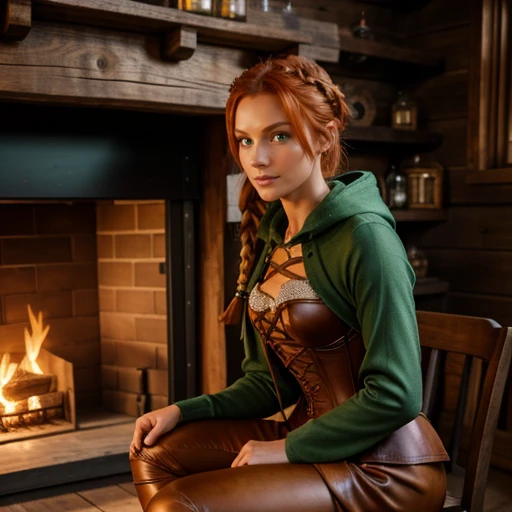 beautiful girl, age 30, ginger hair, skinny, thin, tall, green eyes, wearing short blue patchwork medieval corset, small red cloak with hoodie, tight brown leather laced up leggings, small waist, brown leather pixie boots, (large breasts:0.3), cleavage, thick braided hair in a bun, sitting on a wooden chair, fireplace behind, legs crossed, in a wooden medieval cottage, glowing witch magic potions on shelves, facing camera, anatomically correct, textured skin, award winning, highres, 8k, sunlight, full body shot