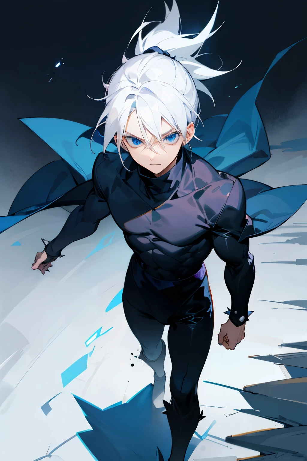 Ninja Clothing , Dark Blue Turtleneck , White Hair ,lean build, Adult Male , Blue eyes , Spiky Hair , White Hair , Village Background , Walking on path , Somber expression