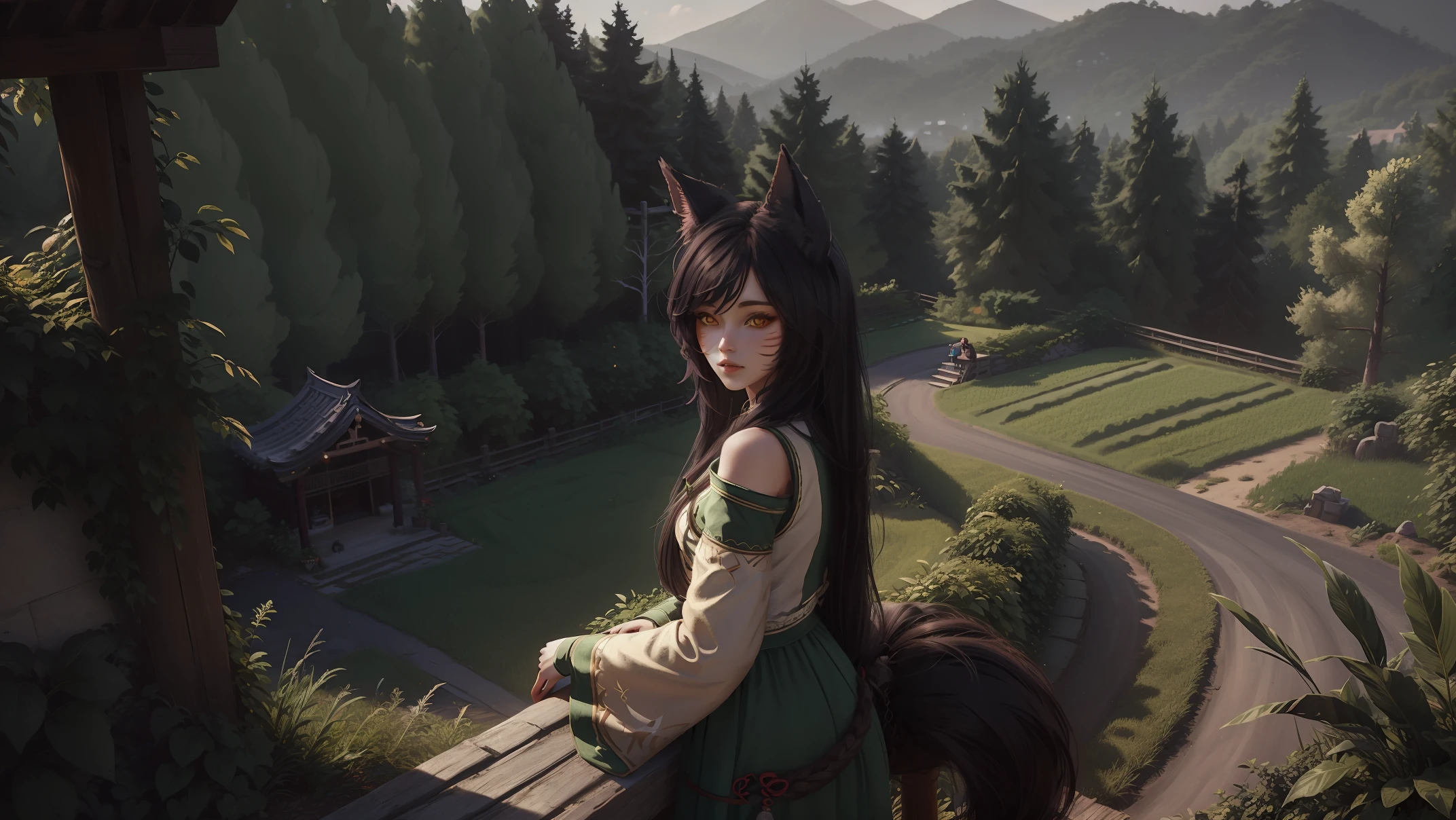 (masterpiece, best quality:1.3)
AhriLeague, fox girl,  1girl, solo, long hair, Midday, Lush Greenery, Terraced Landscape, Local Farming Attire