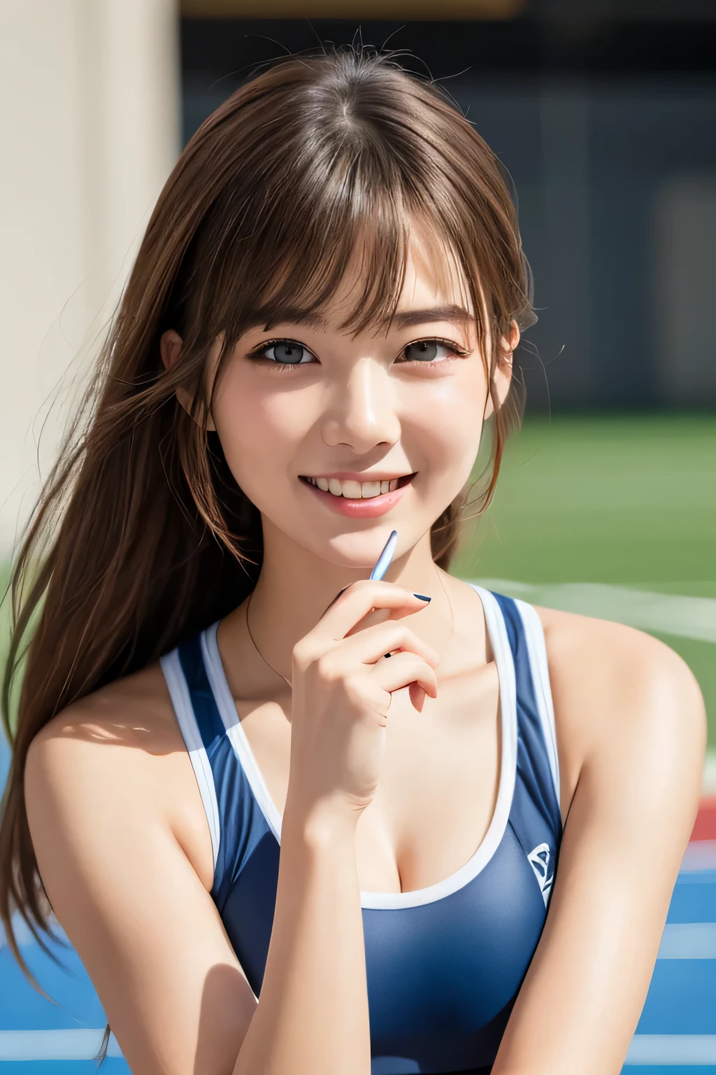 ((masterpiece)), ((highest quality)), (super detailed), (RAW shooting), (photo-realistic), ((cute)), cute, ((very detailed)), (fine eyes), (detailed facial features), (finger details), (Detailed clothing characteristics), 4K, (8K), highest quality, (beautiful), (cowboy shot:1.3), (athletics stadium), (running), sunrise, Beautiful woman, alone, Japanese, (play sports often), (Sports Leggings), beautiful Light Brown hair, ((beautiful hair)), beautiful Blue Eyes, ((beautiful Eyes)), short pony stories, white teeth, (smile), shine with colored light, shiny