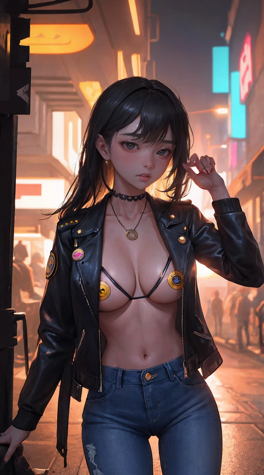 portrait of emb-haiz, pretty face, Cyberpunk city at night. She's wearing a cardigan leather jacket,micro bikini, black jeans, dramatic lighting, (badge:1.2).big bust