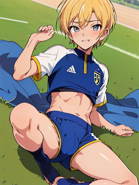 (((official art,Super thin illustration,High resolution, muste piece, best quality,best quality,)))high quality, detailed, (),12 years oace striker male idol with a super cute face,A boy as beautiful as Planding, Cool handsome face with smile, soccer spike, long legs, thighs, Foots, Bulge, (blonde hair、short hair)、shiny hair, (Tight shiny random color soccer uniform suit), (tight and shiny soccer shorts), (Soccer Socks), grassy area, cool pose, (厚いthighs、Seduce your big ass to your crotch)、(((soccer field in the park)))、((Saucy、))、grinning grin、spread legs,ultra fine painting, (best quality, In 4K, 8K, High resolution, muste piece:1.2),(((Being aware of the sexual gaze of middle-aged gay men)))、Service Shots、((detailedな目:1.2))、cute eyes、showing off his big butt、proud butt、hair band,(((seducing)))