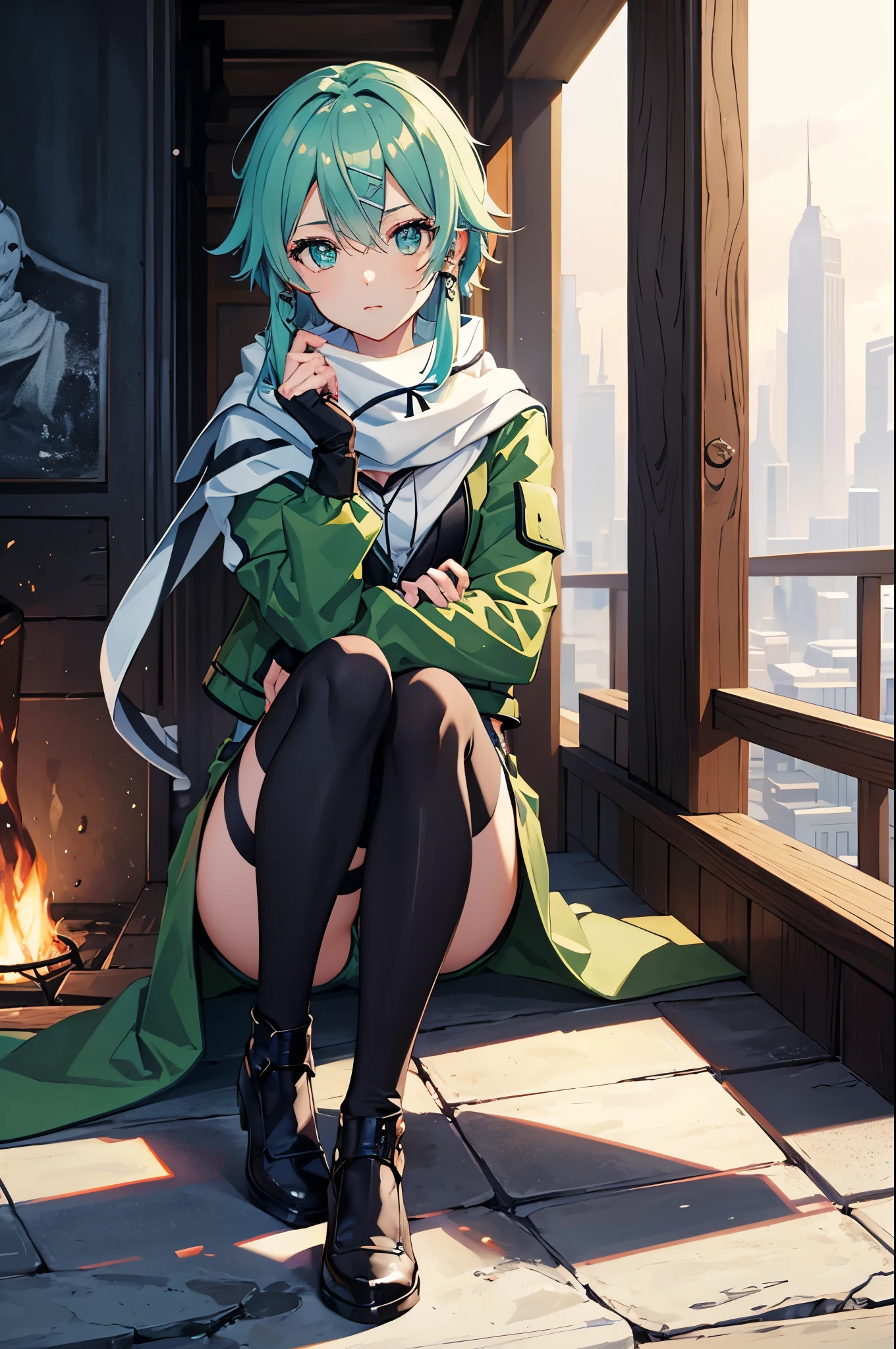 (masterpiece), best quality, expressive eyes, perfect face, highres, 1 girl, solo, sinon1, scarf, fingerless gloves, long sleeves, short shorts, hair ornament, hairclip, green thighhighs, green jacket, thigh strap, ruins background, ruined structures, knees up, sitting on floor, upper body portrait, looking at the viewer