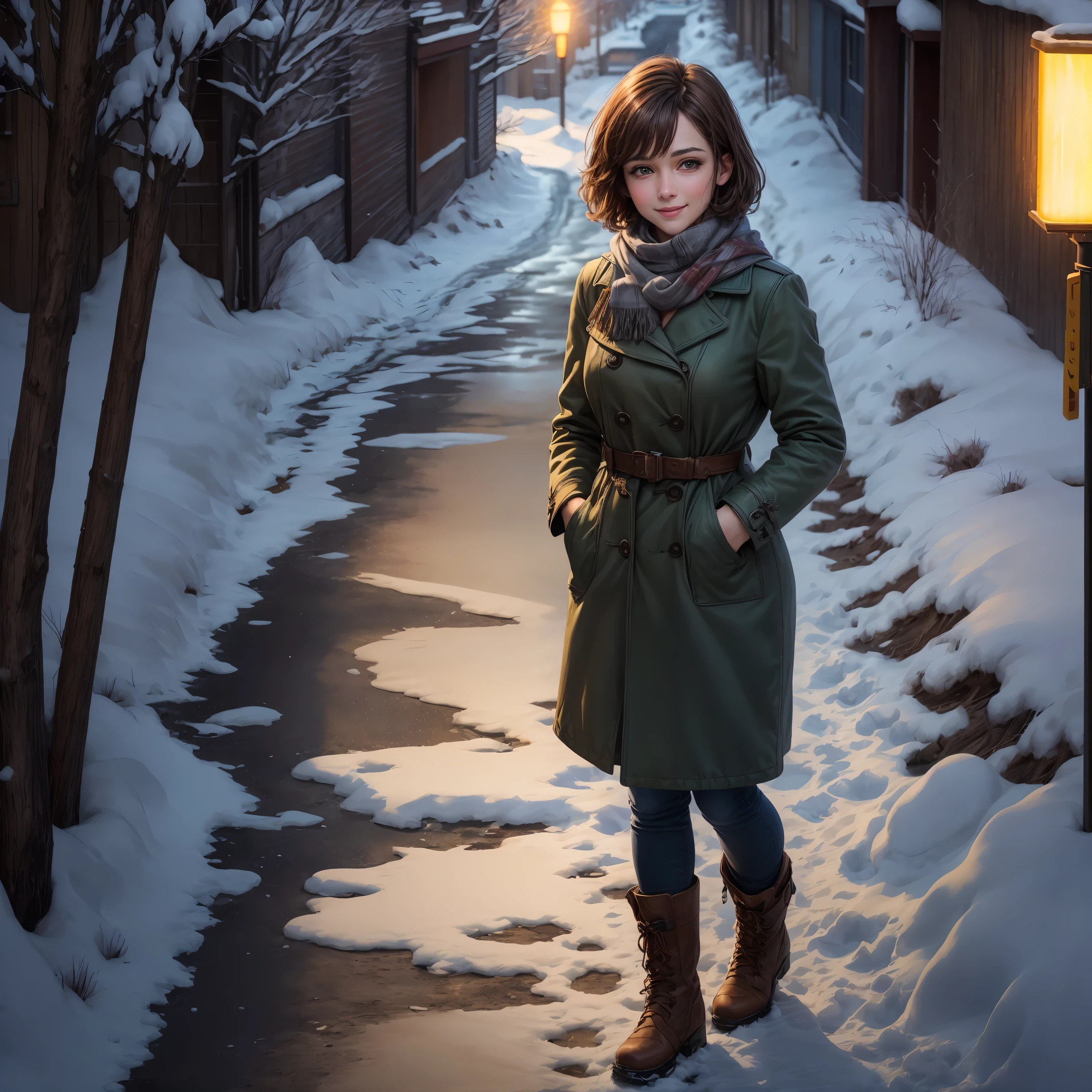 best quality, masterpiece, Very detailed, Very detailed, official art, professional, 8K HD, (actual:1.2), whole body, Warm temperament, short brown hair, Gray wool coat, Dark green scarf, Metal boots, Affectionate look, instant smile, in the snow, Cold, Snowy streets, Dead trees on the roadside, under yellow light