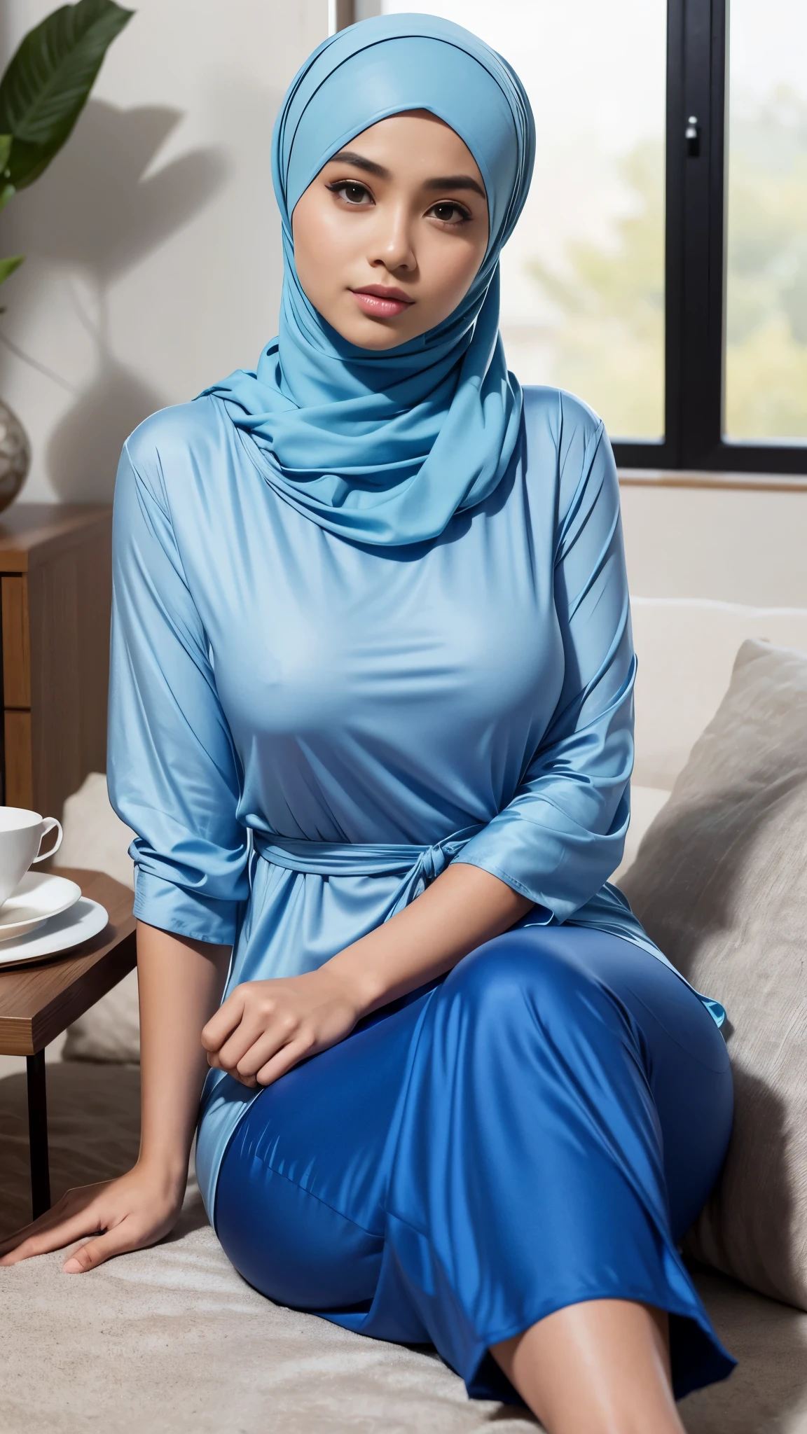 RAW, Best quality, high resolution, masterpiece: 1.3),  beautiful Malay woman in hijab :0.8), beautifull face, big eyes, glossy lips,(big breast),thick thighs, woman in a blue baju kurung and white long skirt sitting on a bed, casual clothing style, hijab, puff sleeves, wearing a baju kurung, with lovely look, blue pejamas, sexymodern clothing, wearing sexy clothing, beautiful girl, shirt,