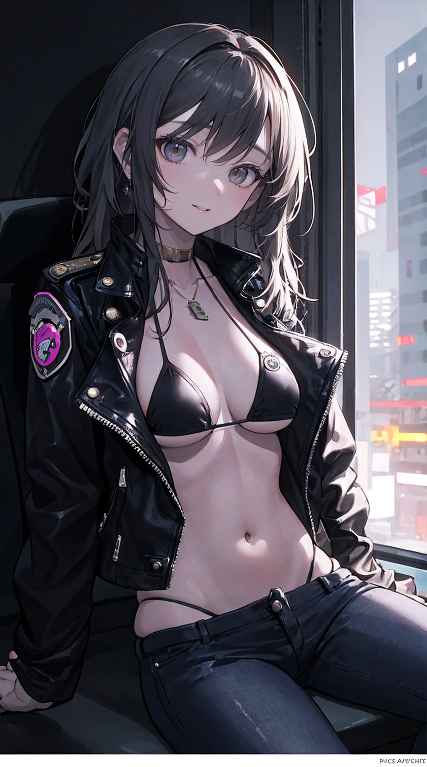 portrait of emb-haiz, pretty face, Cyberpunk city at night. She's wearing a cardigan leather jacket,micro bikini, black jeans, dramatic lighting, (badge:1.2).