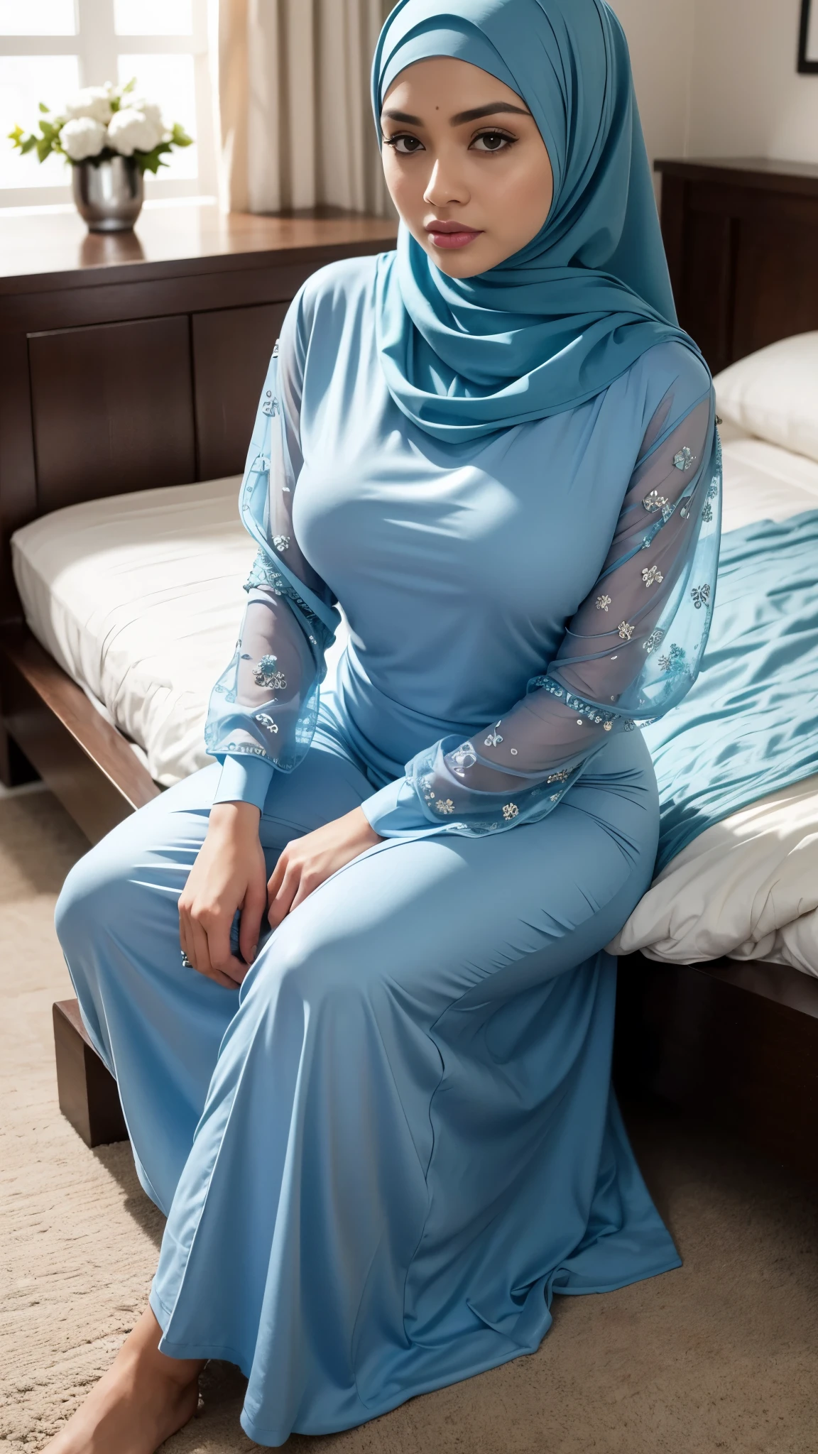 RAW, Best quality, high resolution, masterpiece: 1.3), beautiful Malay woman in hijab :0.8), beautifull face, big eyes, glossy lips,(big breast),thick thighs, woman in a blue baju kurung and white long skirt sitting on a bed, casual clothing style, hijab, puff sleeves, wearing a baju kurung, with lovely look, blue pejamas, sexymodern clothing, wearing sexy clothing, beautiful girl, shirt,