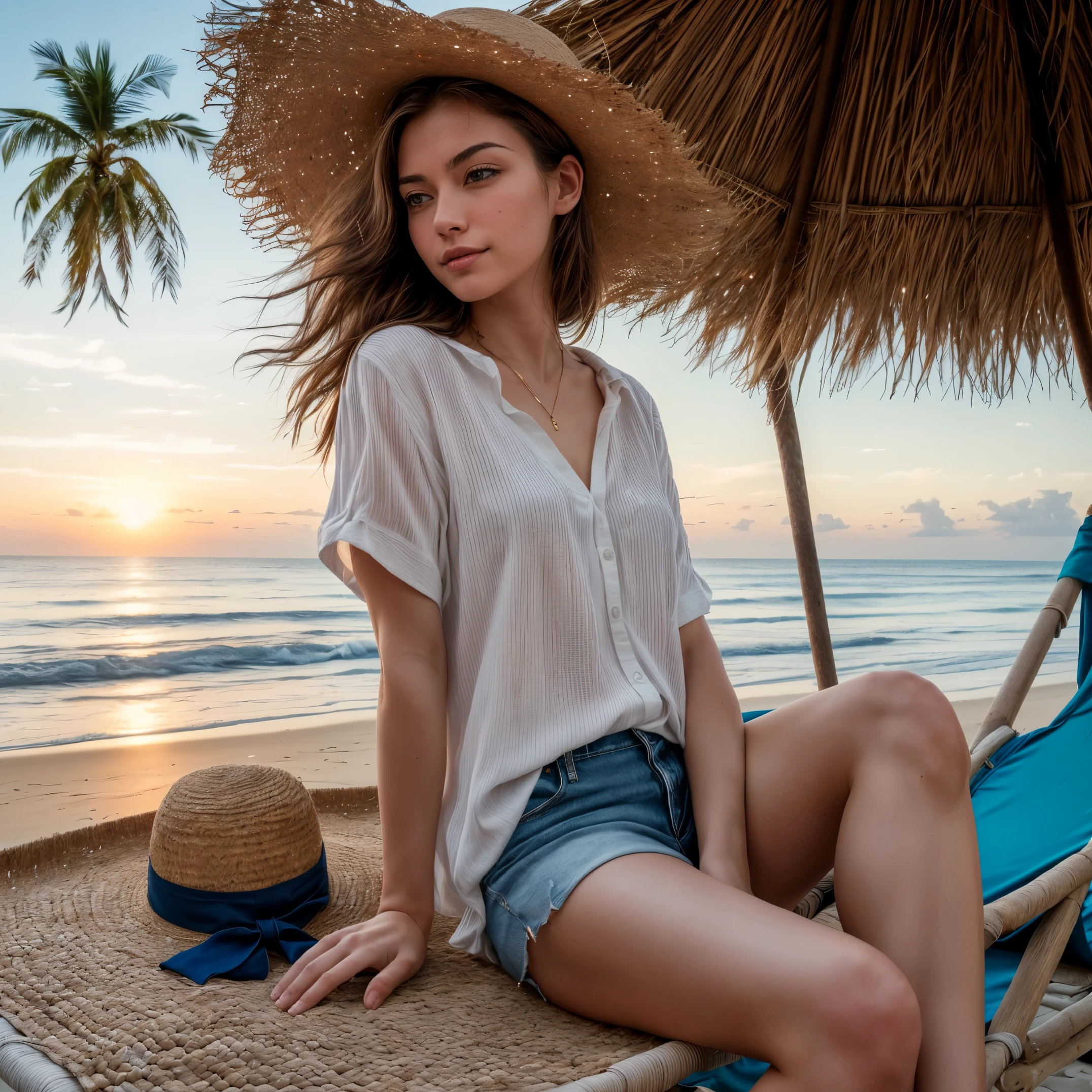 best quality, masterpiece, official art, professional, Astonishing, Very detailed, Very detailed, fine details, Super detailed, 8k wallpaper, high resolution, (actual, photo-actual:1.4), original photo, whole body, Beach vacationer wearing a loose white shirt, shorts below, A straw hat is worn on his head. The expression is relaxed and cheerful, Reclining on a beach chair, Staring at the distant seascape. Sitting on a beautiful beach, Surrounded by blue sea and golden sandy beaches, In the distance is a coconut grove. Soft orange sunset falls on beach vacationers, Reflecting her leisurely posture
