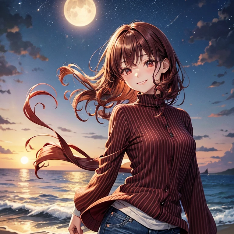 A 14 year old Japanese slender lady, dark red ((loose curly hair))smooth curly short hair , wearing a long sleeved blue shirt ((high neck, vertical stripes))and a long cardigan , white damaged jeans, looks really calming and beautiful and cool, at a beach in midnight, spreading her left arms forward, a bit windy scene, smiling passionately under the moonlight, looking back pose, charming smile