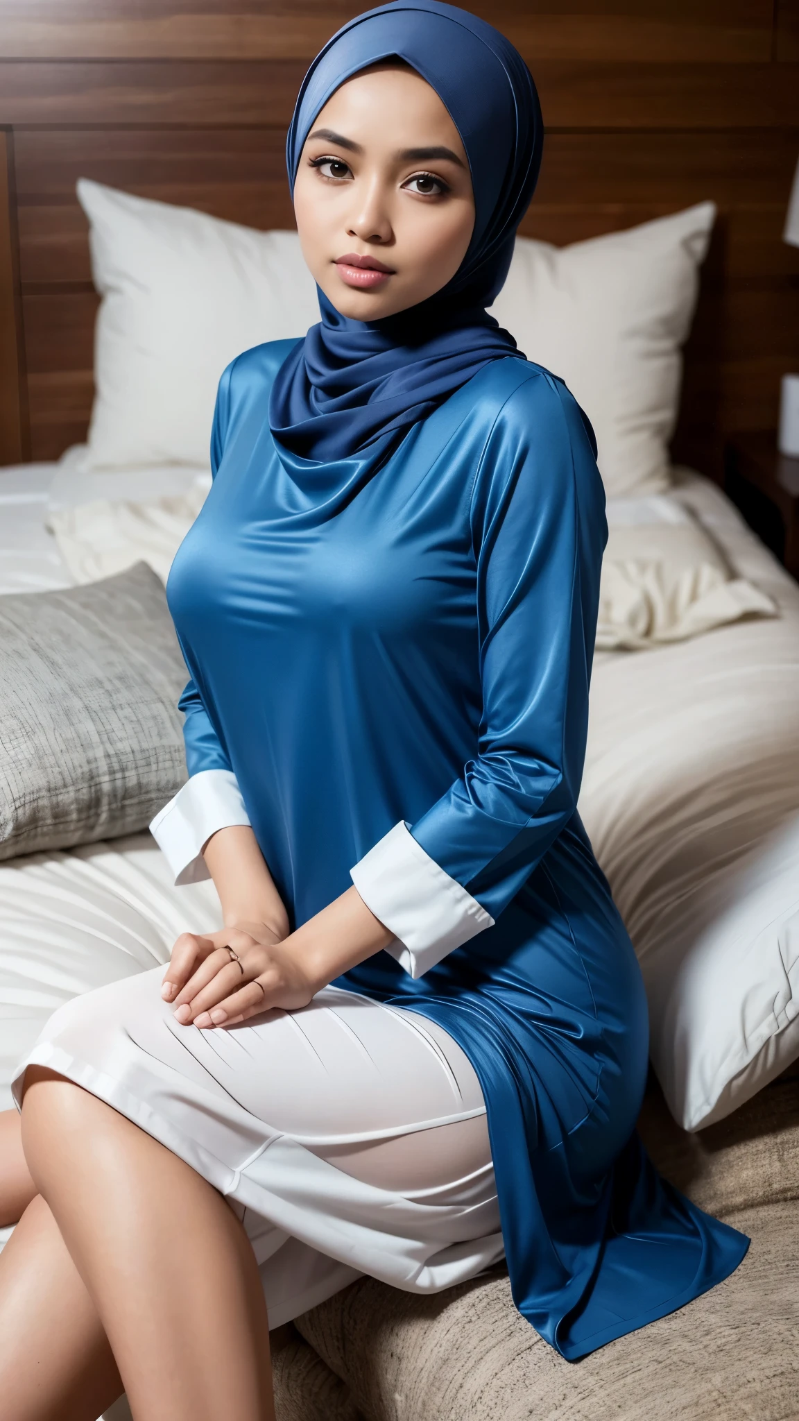 RAW, Best quality, high resolution, masterpiece: 1.3), beautiful Malay woman in hijab :0.8), beautifull face, big eyes, glossy lips,(big breast),thick thighs, woman in a blue baju kurung and white long skirt sitting on a bed, casual clothing style, hijab, puff sleeves, wearing a baju kurung, with lovely look, blue pejamas, sexymodern clothing, wearing sexy clothing, beautiful girl, shirt,
