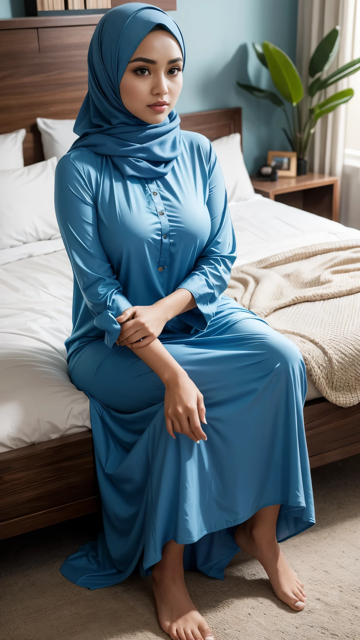 RAW, Best quality, high resolution, masterpiece: 1.3),  beautiful Malay woman in hijab :0.8), beautifull face, big eyes, glossy lips,(big breast),thick thighs, woman in a blue baju kurung and white long skirt sitting on a bed, casual clothing style, hijab, puff sleeves, wearing a baju kurung, with lovely look, blue pejamas, sexymodern clothing, wearing sexy clothing, beautiful girl, shirt,