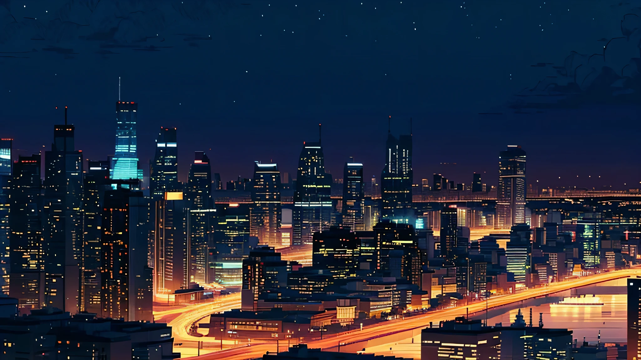 horizonte denso e moderno da cidade, several skyscrapers and office buildings, mundo dos pixels, night time