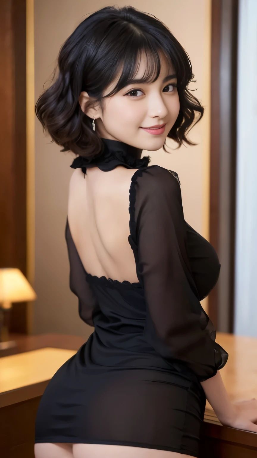 Best-quality, Masterpiece, Ultra-High-Resolution, (Photorealistic:1.4), Raw-Photo, 1girl, -yeld, thost famous Japanese idol, face-focus, at luxury-hotel-suite, (carrying a large bouquet of roses, ((upturned ass)), extremely cute face like a most popular Japanese idol, ((extremely beautiful big-black-eyes)), extremely beautiful black-short-cut-haired, extremely beautiful skins, extremely beautiful long-eyelashes, extremely beautiful lips, extremely beautiful shoulders, extremely beautiful breasts, extremely beautiful body, extremely beautiful thighs, detailed large-bouquet of roses, looking at viewer, innocent smile, 