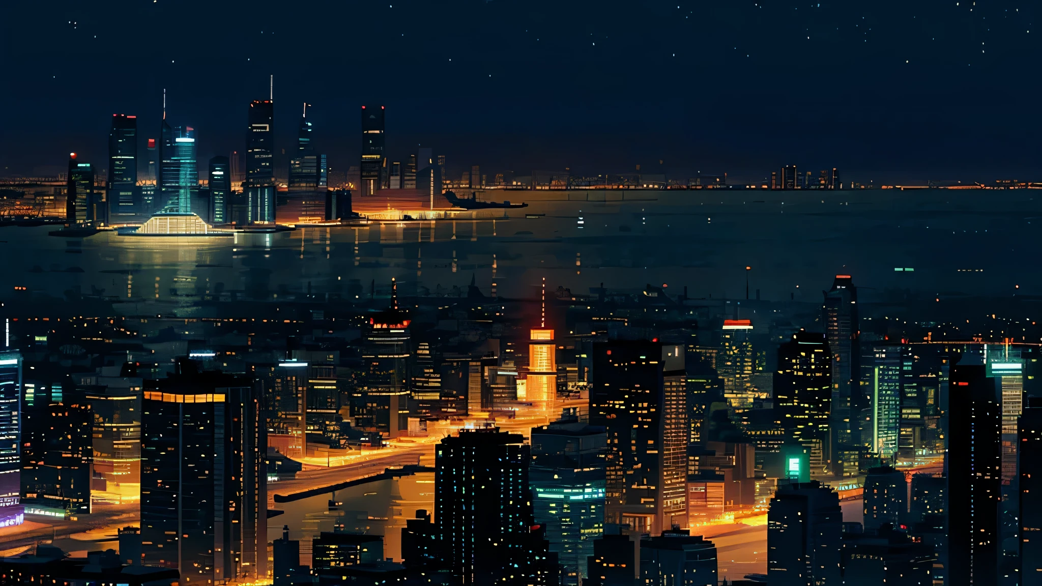 horizonte denso e moderno da cidade, several skyscrapers and office buildings, mundo dos pixels, night time