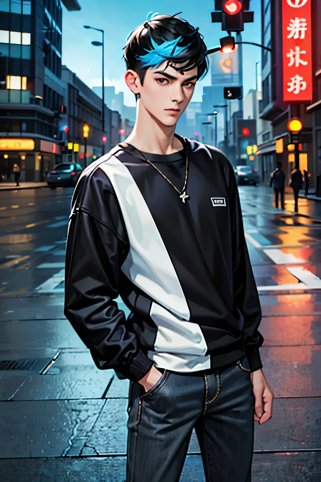 A 24-year-old man standing with casual clothes, (((black clothes))), skinny, twink ((((black hair with blue tips:1.0)))), tomboyish sidetails hairstyle, red eyes, serious expression, city background, DSRL, facing the viewer of the photo, eyes staring into the lens, man centered in photo, 8k, best quality, masterpiece, realistic, realistic photo, cinema photo, ultra realistic, 1 person, detailed, Dark Dark Lighting