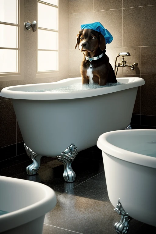 analog style, foto RAW, ((foto colorida:1.5)), (( the dog is in the bath, Today is the dog&#39;s day to take a bath in the bathtub
)), olhando para o espectador, (corpo brilhante), melhor qualidade, epic (por Lee Jeffries e Quentin Tarantino foto, Sony A7, 50 mm, poros:1.5, cores, hiperdetalhado:1.5, Film grain: 1.4, hiper-realista: 1.5), Octane rendering, textura realista hiper-realista, obra-prima, motor irreal 5, CG extremamente detalhado unidade de papel de parede 8k, olhos realistas, UHD, HDR, DSLR, Madly foto detalhada, (ecstasy of light and shadow, sombra profunda), (Winner of the Pulitzer Prize for Photography and Taylor Wessing Prize for Photography), Create a realistic image of a dog in a bathtub with foam. This bathtub has a rubber ducky in the foam., the dog has a shower cap on its head. Luxurious bathroom scene. 