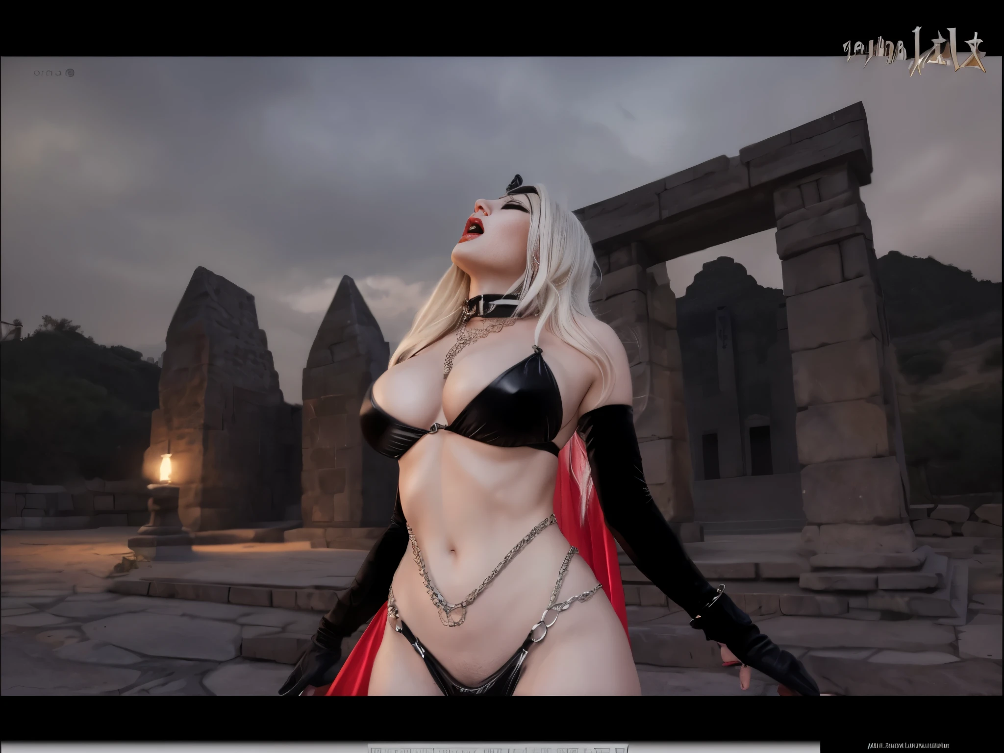 Alafid woman in costume standing in front of stone structure, Throw your head up and show your neck and shout,女魅魔vampire, vampire, busty witch, 性感迷人的女vampire, black bikini。Black leather cuffs,Heavy makeup,big breasts。intense expression。Metal sexy waist chain,open arms