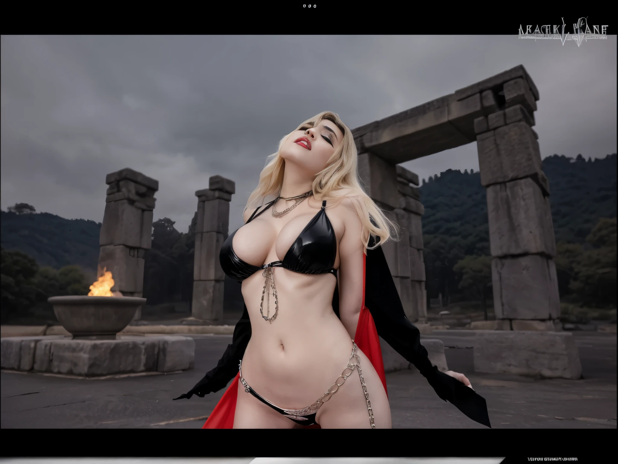 Alafid woman in costume standing in front of stone structure, Throw your head up and show your neck and shout,女魅魔vampire, vampire, busty witch, 性感迷人的女vampire, black bikini。Black leather cuffs,Heavy makeup,big breasts。intense expression。Metal sexy waist chain,open arms
