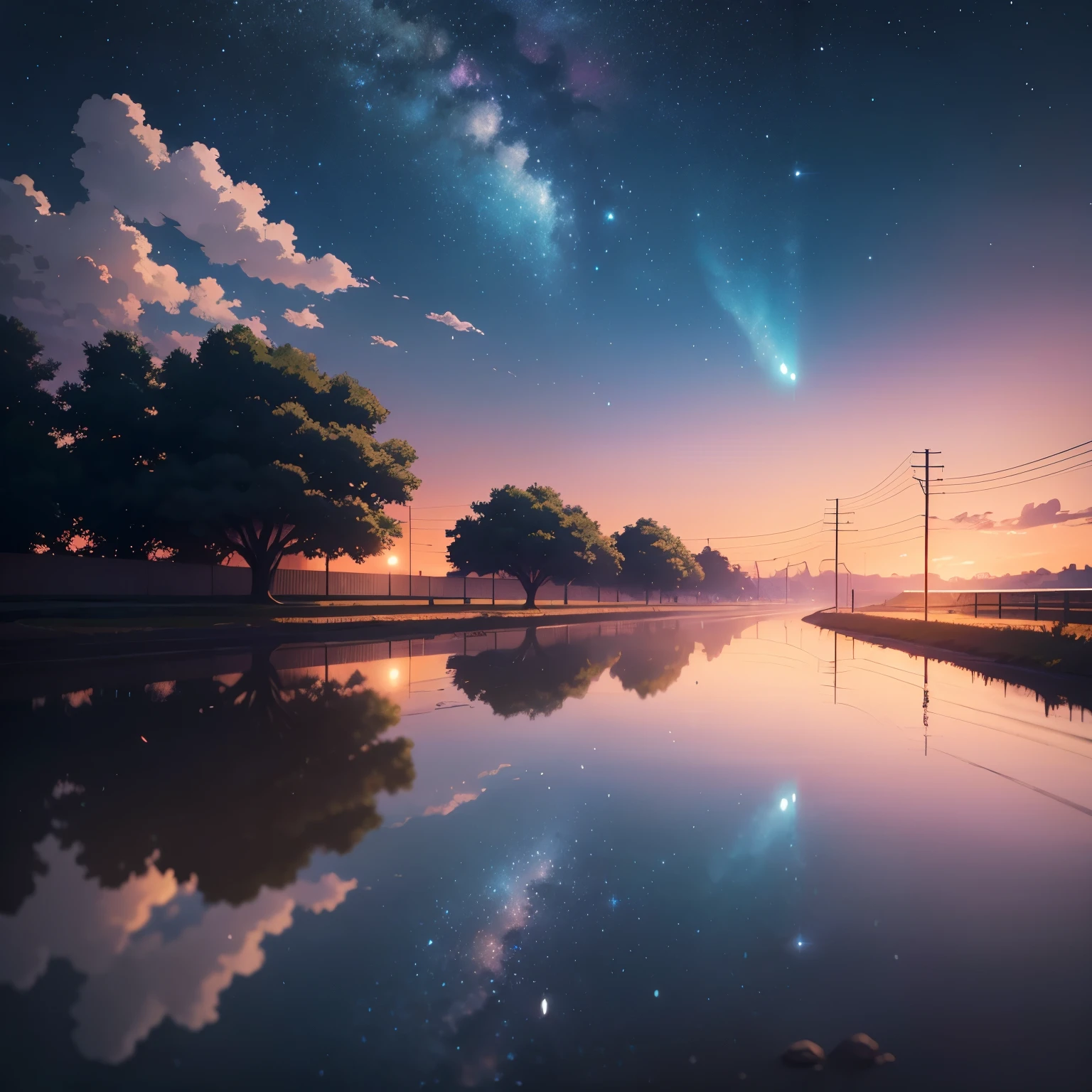 Obras-primas de alta qualidade, paisagens, nuvens, Anime train passing bodies of water on the railroad tracks in the distance, Bright starry sky. viajante, romantic lights, pixiv, arte conceitual, estilo de arte lofi, reflection. makoto shinkai, arte rophy, lindas cenas de anime, anime scenery, Detailed scenery — Width 672, makoto shinkai's style, makoto shinkai's style, Detalhes aprimorados.  