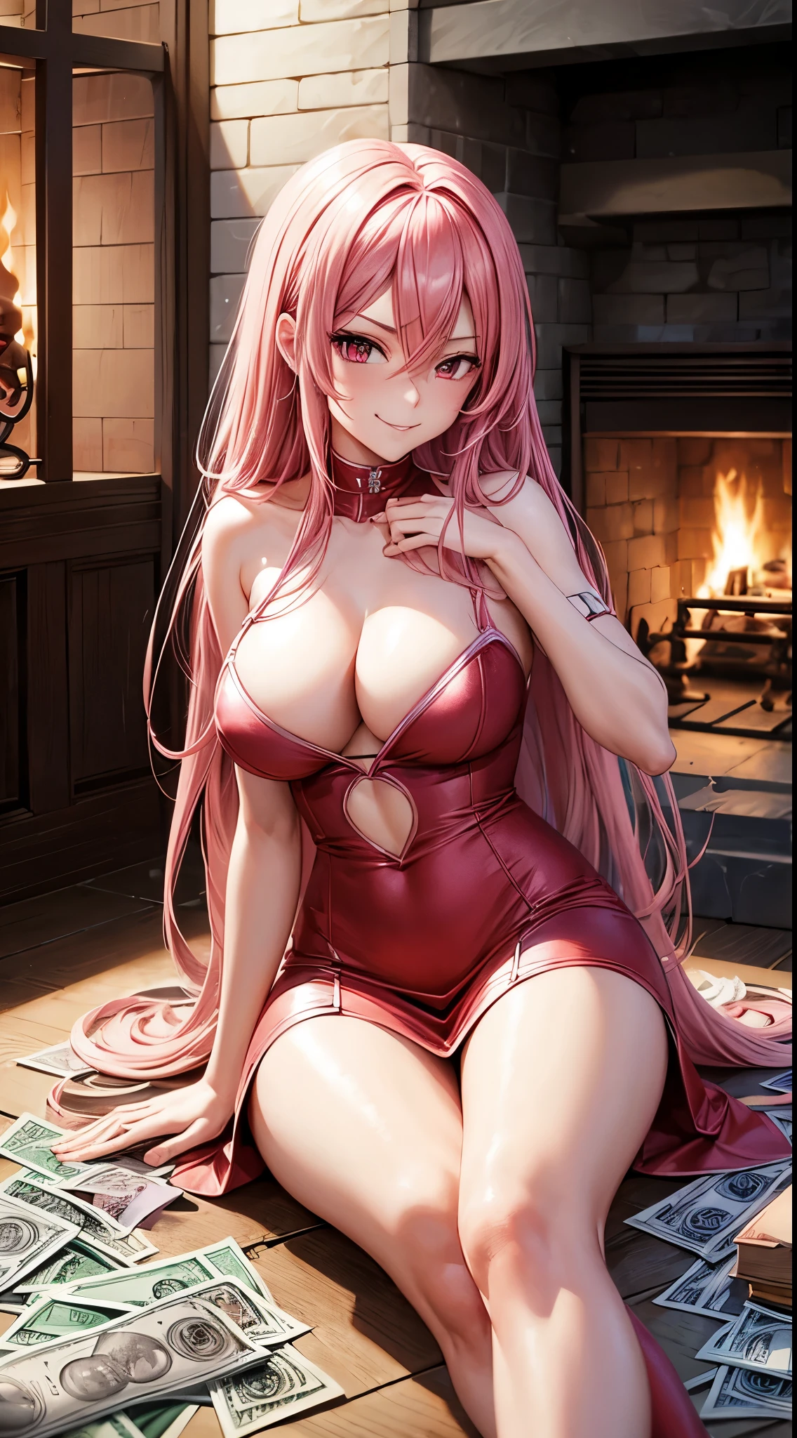 Pink hair, hair down, red eyes, red tight dress, looking down at you, devious smirk, counting a wad of cash, high resolution, nsfw, fireplace in background