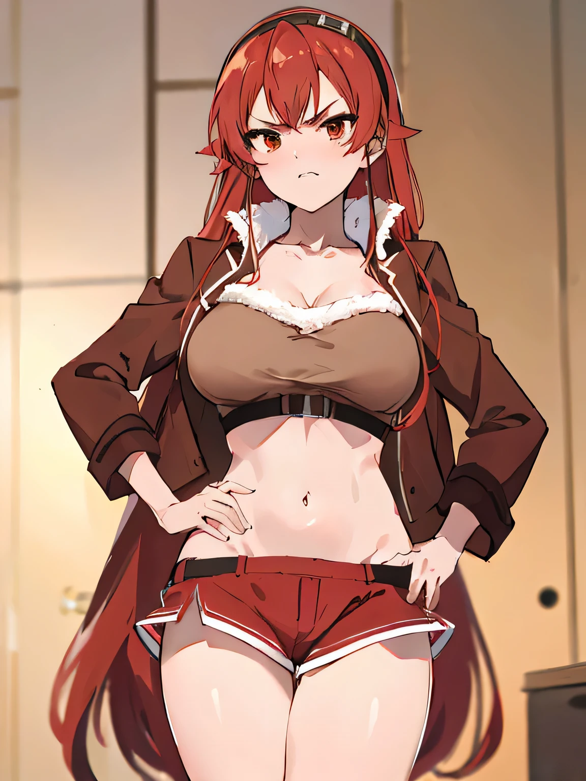 Best quality, a high resolution, absurdity, ultra detailed, adult_Eris, 1 girl, red_hair, One, long_hair, breast, big_breast, red_eyes, brown_Guys, brown_shorts, navel, hairband,
brown_coat_white_wool, life, hand_on_thighlet, interior_Hips, irritated, Tsundere, bright,