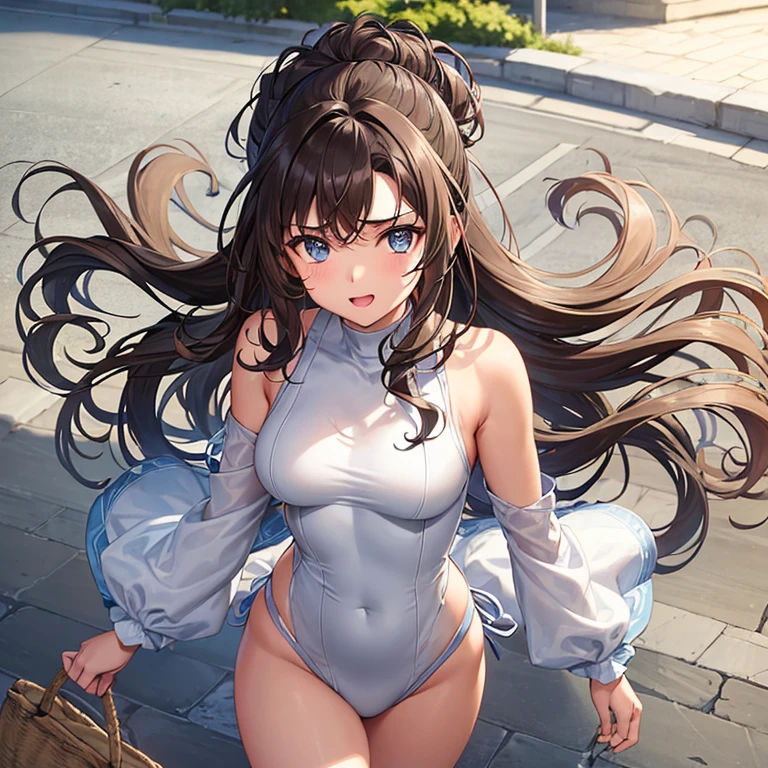 (1teenager), (19 years old), (wavy dark brown hair), (light brown skin), (grayish light blue eyes), (body with wide hips), very happy look, basket suit, (medium length hair) 、(hair up)