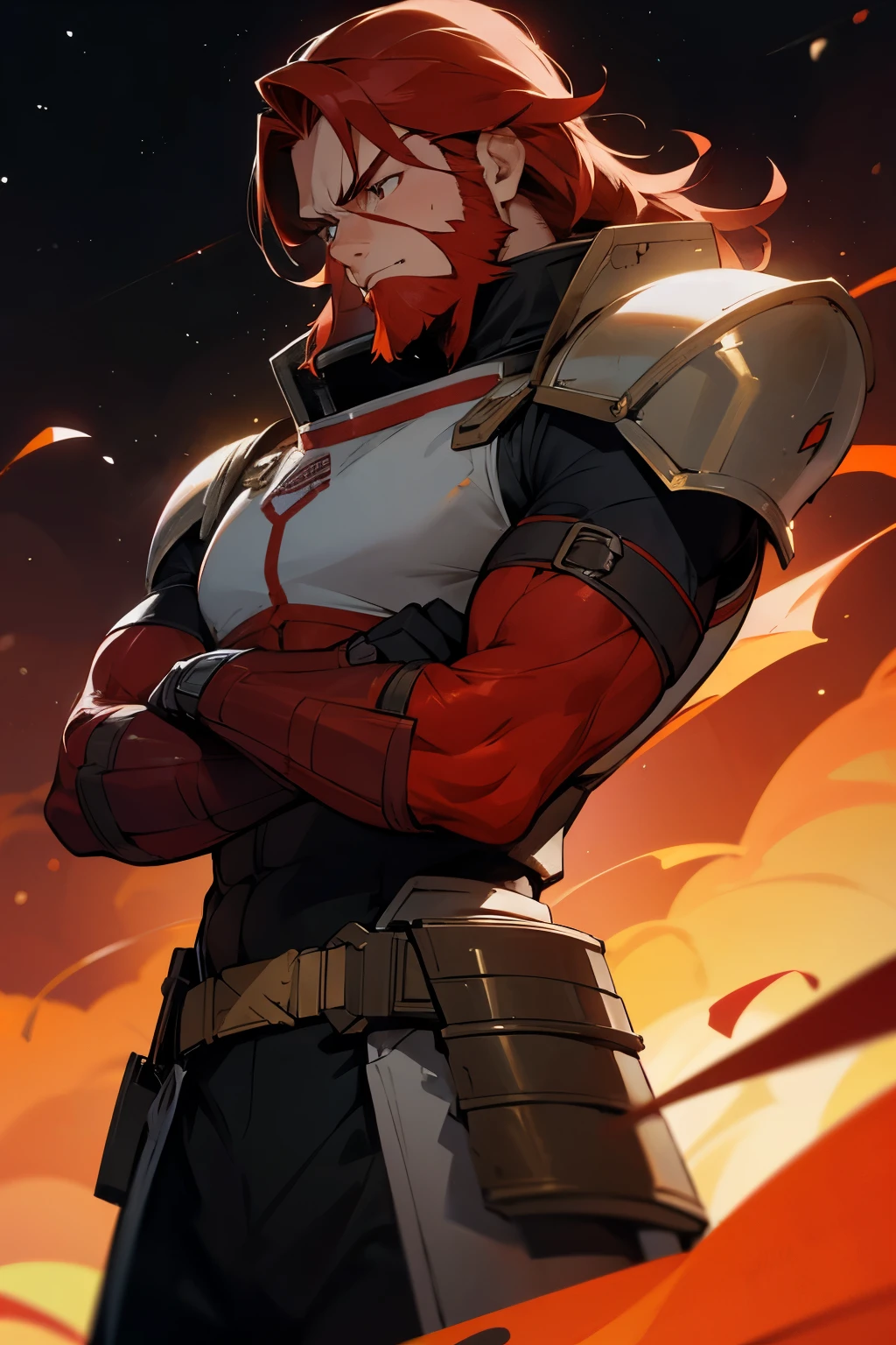 Space Clothing , Martial Arts Clothing , muscular , armored belt , midget, red beard, red hair, golden eyes,