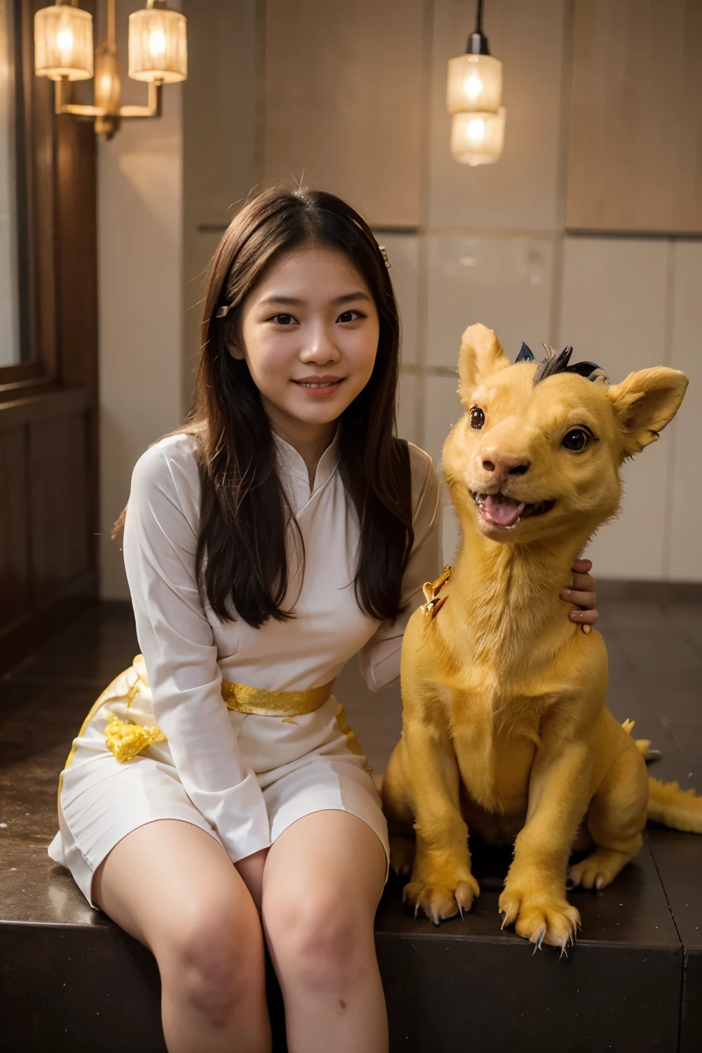 A cute Vietnamese girl, 8 years old, wearing a traditional Vietnamese ao dai, sitting next to a cute yellow dragon, welcoming the new year 2024