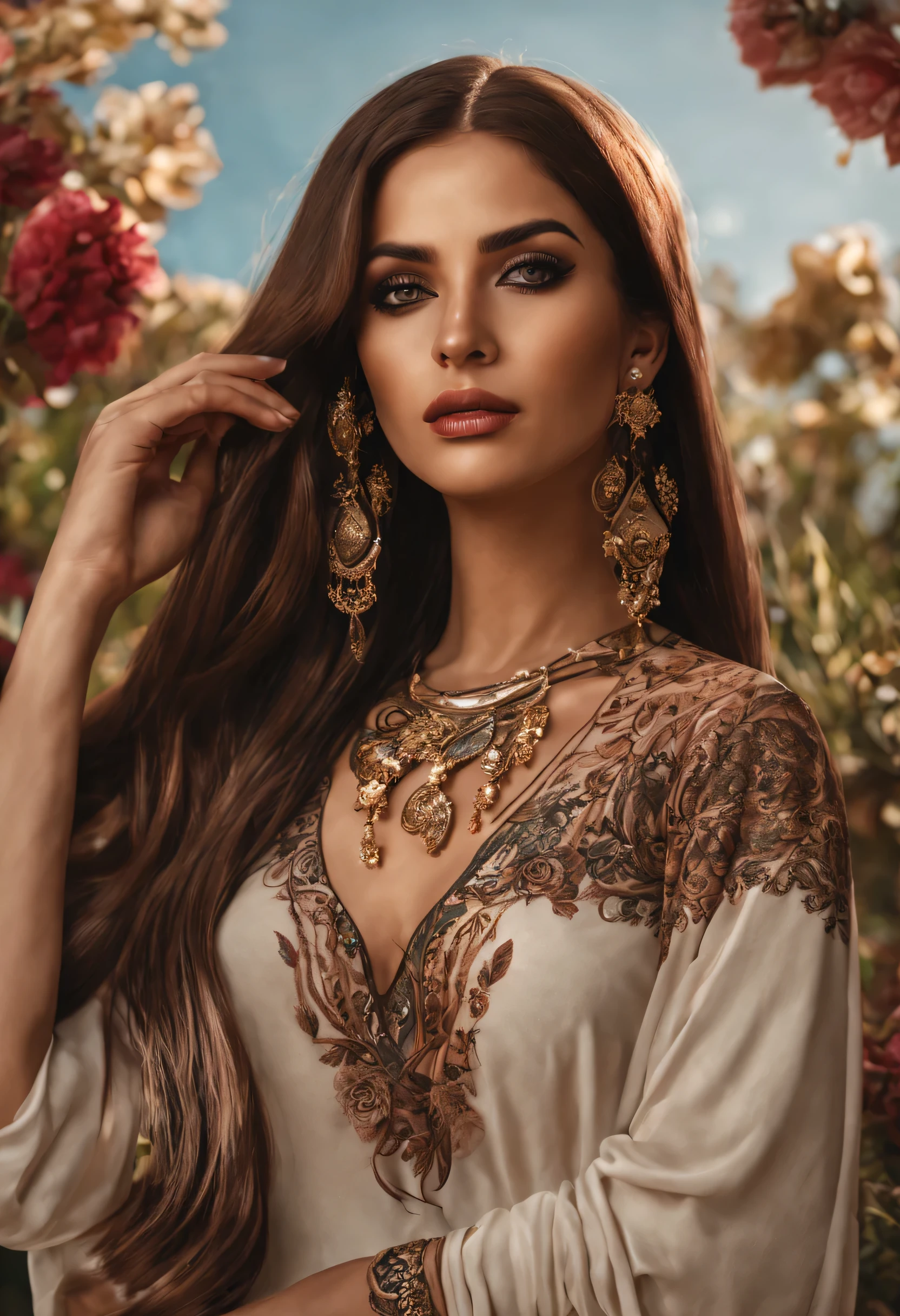 Photorealistic FULL BODY picture of an Arabian lady high quality, Brown long straight hair, full make up, huge eyelashes, large earrings, Dark lips, outdoor, sunlight, flowers tattoo on arm