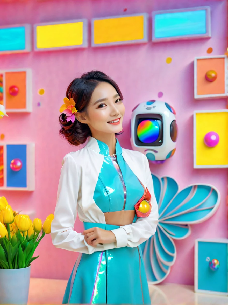 Transforming the depiction of the dream girlfriend as a teacher into a futuristic, sci-fi style. She still embodies wisdom, beauty, and diligence, but now in a technologically advanced setting. Her sweet and comforting smile remains, now enhanced with subtle futuristic elements. She's interacting with children in a vibrant, colorful classroom that blends traditional learning with advanced technology. The classroom includes holographic displays, interactive learning tools, and futuristic decor. Her outfit is a blend of a professional kindergartenttire with sleek, futuristic design elements. The hairstyle is simple yet has a modern twist. The image captures her delightful and intelligent character, showcasing her as an adorable, wise, and hardworking teacher in a futuristic world, (花卉水彩画:1.5),(Super high saturation, bright and vivid colors:1.5), (nsfw), (正面看着观众:1.5)