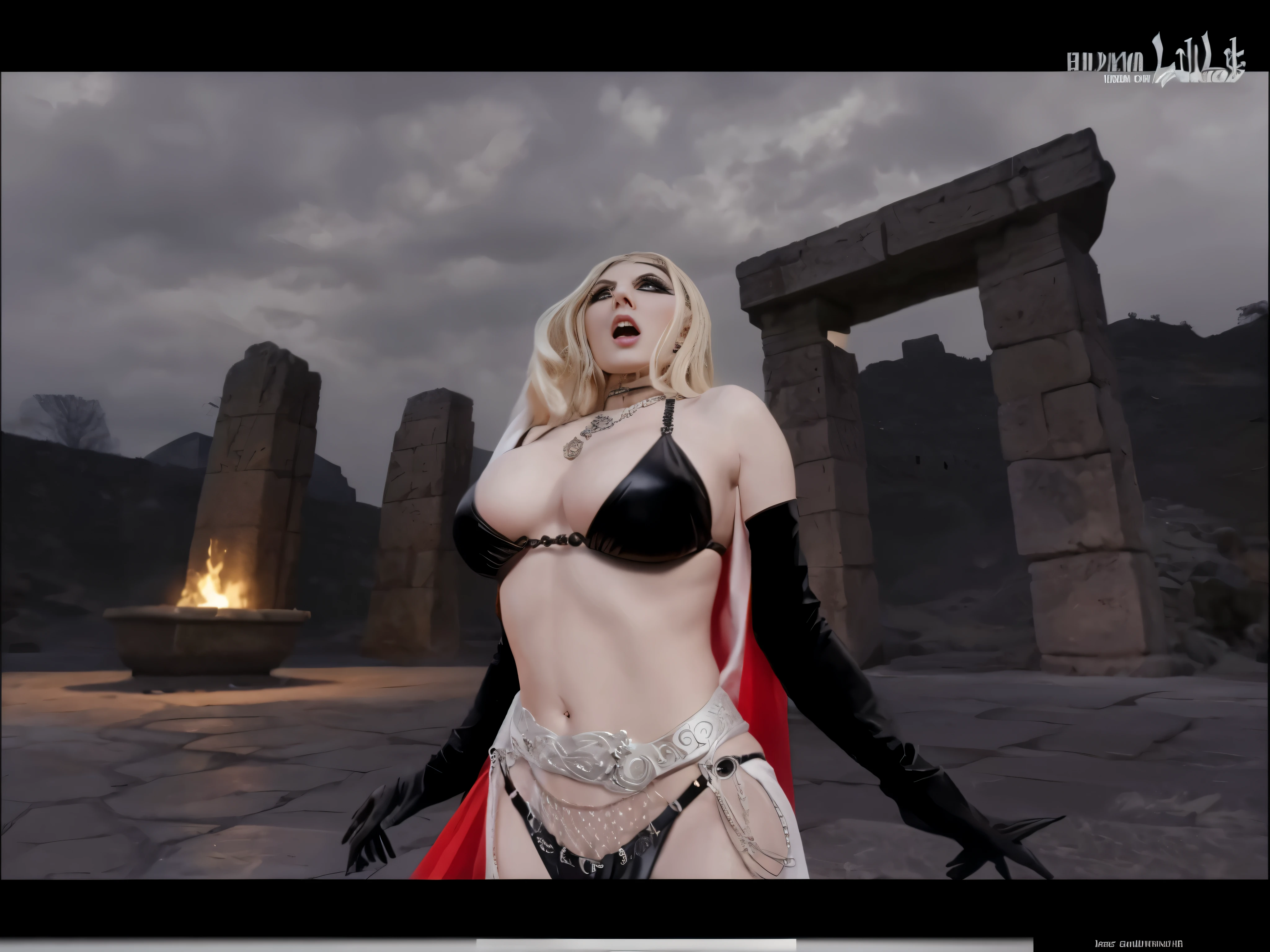 Alafid woman in costume standing in front of stone structure, Looked up，Expose the neck，女魅魔vampire, vampire, busty witch, 性感迷人的女vampire, black bikini。Black leather cuffs，Heavy makeup，big breasts。intense expression。Metal sexy waist chain，open arms