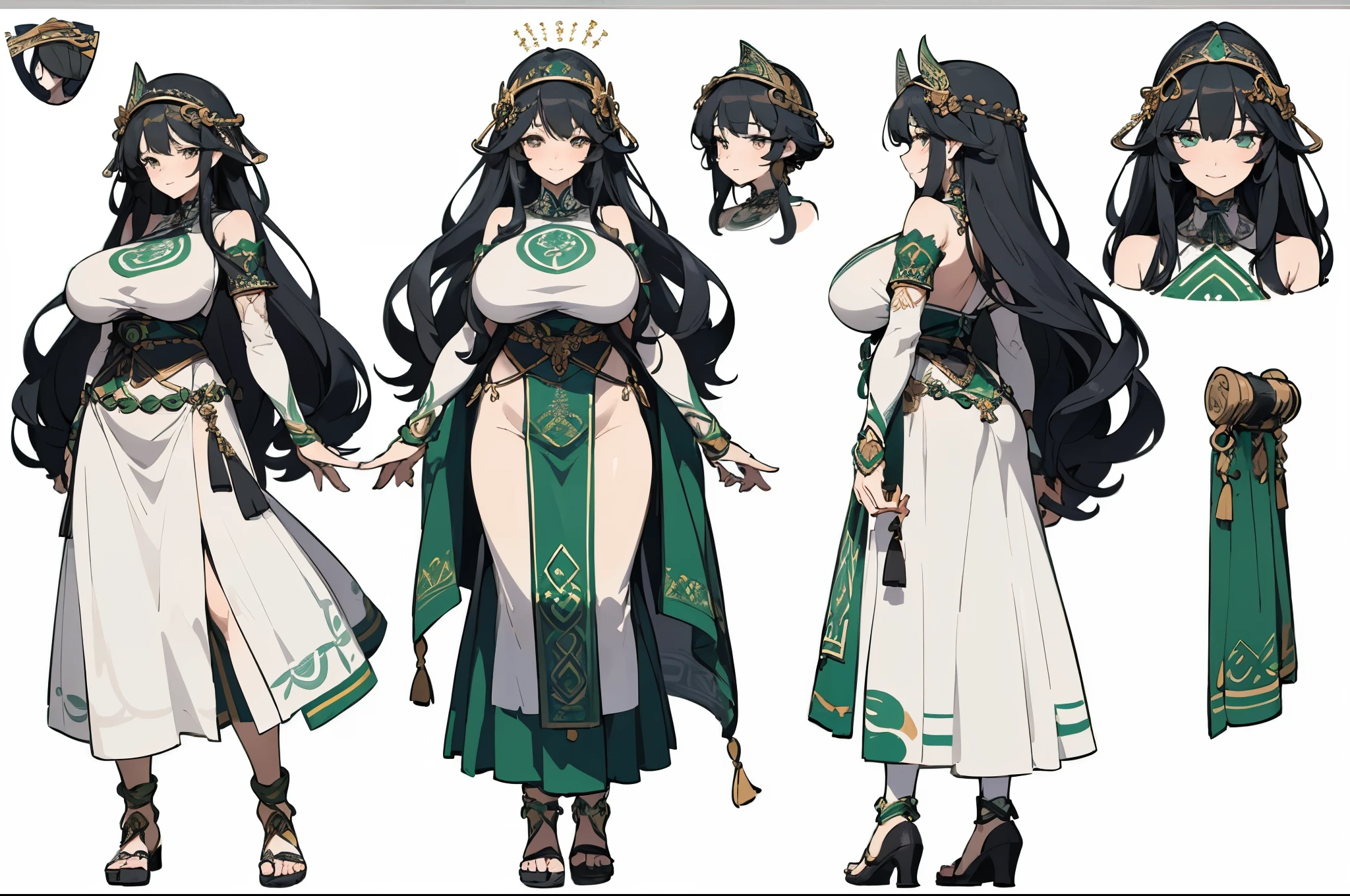 ((masterpiece, top quality)), detailed face, character sheets, full body, full of details, Multiple poses and expressions, highly detailed, Depth, many parts, 1 beautiful adult woman, (huge breasts) very long black hair and curly, oves veres, sensual body, dressed in Celtic tribal clothing, Celtic tribal headdress, jewelry, smile