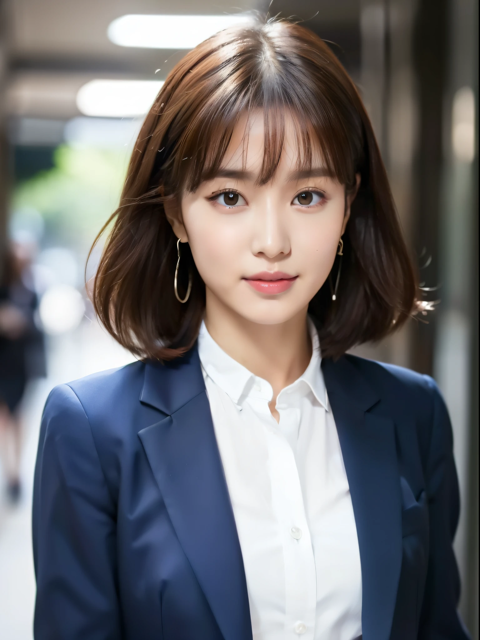 8K, RAW photo, photorealistic, realistic, highest quality, masterpiece, sharp focus, real person, ultra high resolution, 1 girl, Japanese, 20-year-old, Very beautiful face and body, small eyes and pupils, compensate, Red shiny lips, brown hair, earrings, mature, sexy, cute, wonderful, intellectual, smile, Slim face and body, fair and clean skin, Tailored jacket in navy blue, white shirt with collar, navy blue skirt, whole body, Viewer walking forward, At the office, daytime, Natural light