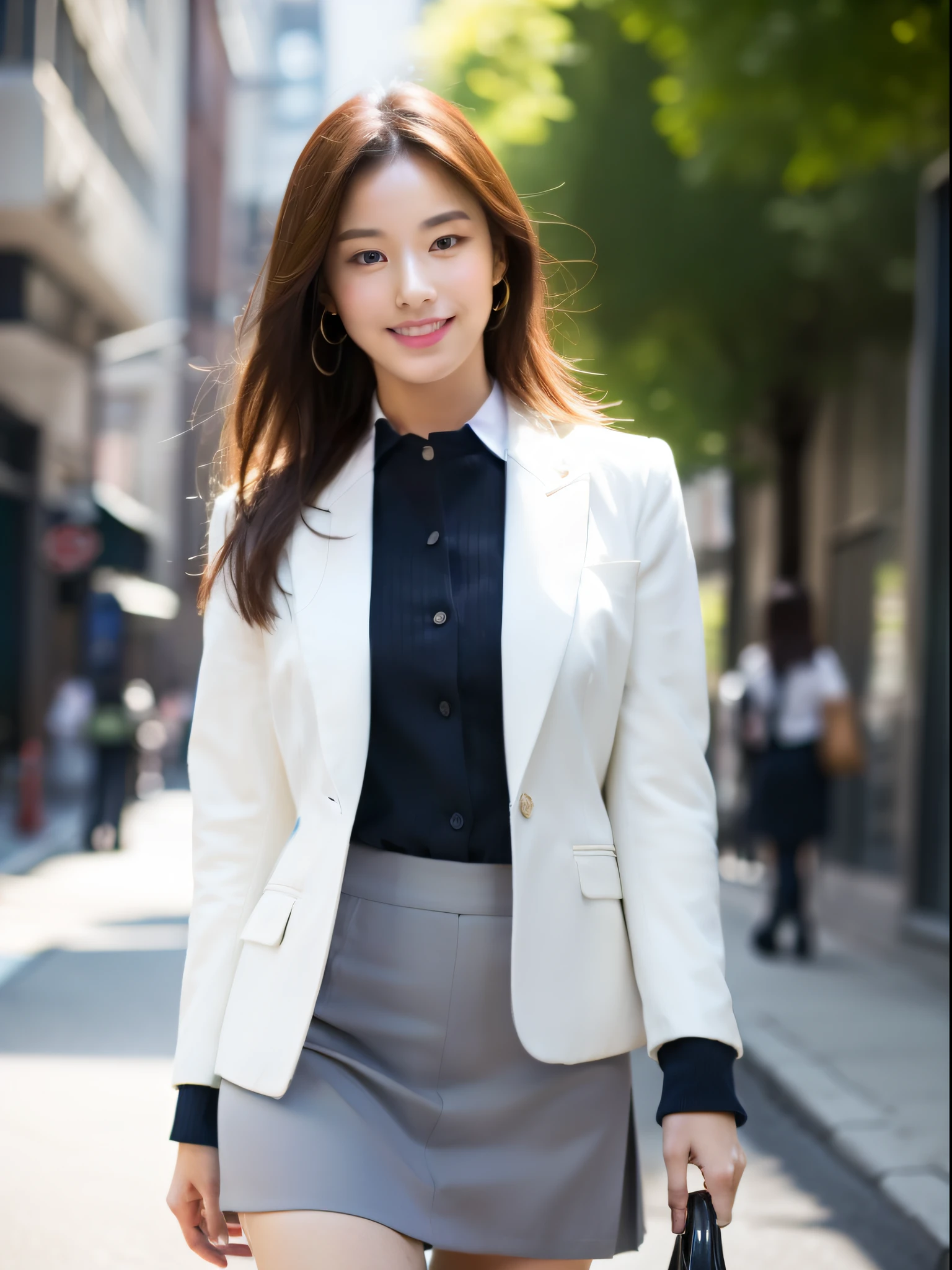 8K, RAW photo, photorealistic, realistic, highest quality, masterpiece, sharp focus, real person, ultra high resolution, 1 girl, Japanese, 20-year-old, Very beautiful face and body, small eyes and pupils, compensate, Red shiny lips, brown hair, earrings, mature, sexy, cute, wonderful, intellectual, smile, Slim face and body, fair and clean skin, Tailored jacket in navy blue, white shirt with collar, navy blue skirt, whole body, Viewer walking forward, At the office, daytime, Natural light