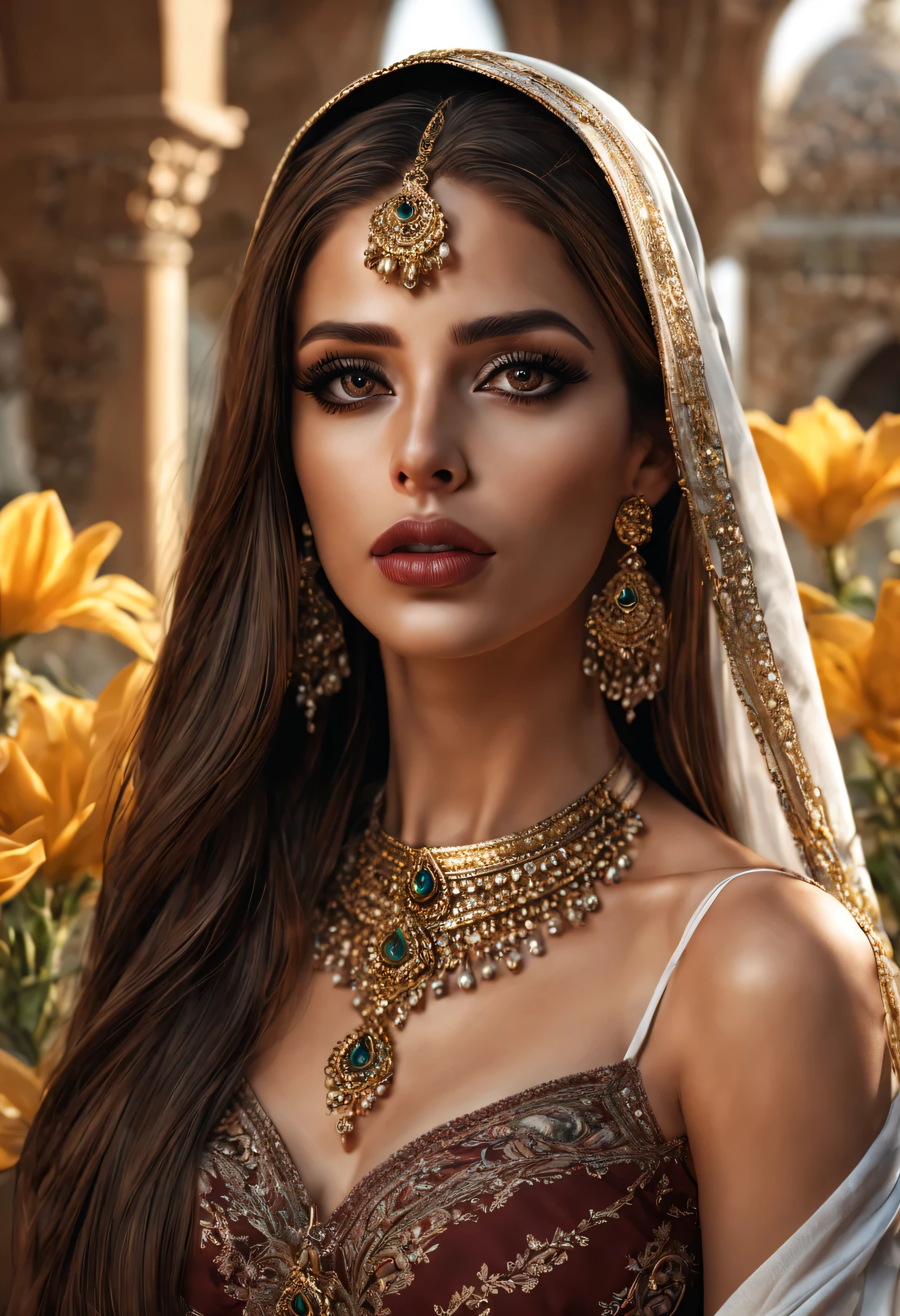 Photorealistic FULL BODY picture of an Arabian lady, high quality, (best quality,4k,8k,highres,masterpiece:1.2), ultra-detailed, Brown long straight hair, full make up, beautiful detailed eyes, huge eyelashes, beautiful detailed lips, Dark lips, large earrings, (realistic,photorealistic,photo-realistic:1.37), outdoor, sunlight, flowers tattoo on arm, vivid colors, portraits.
