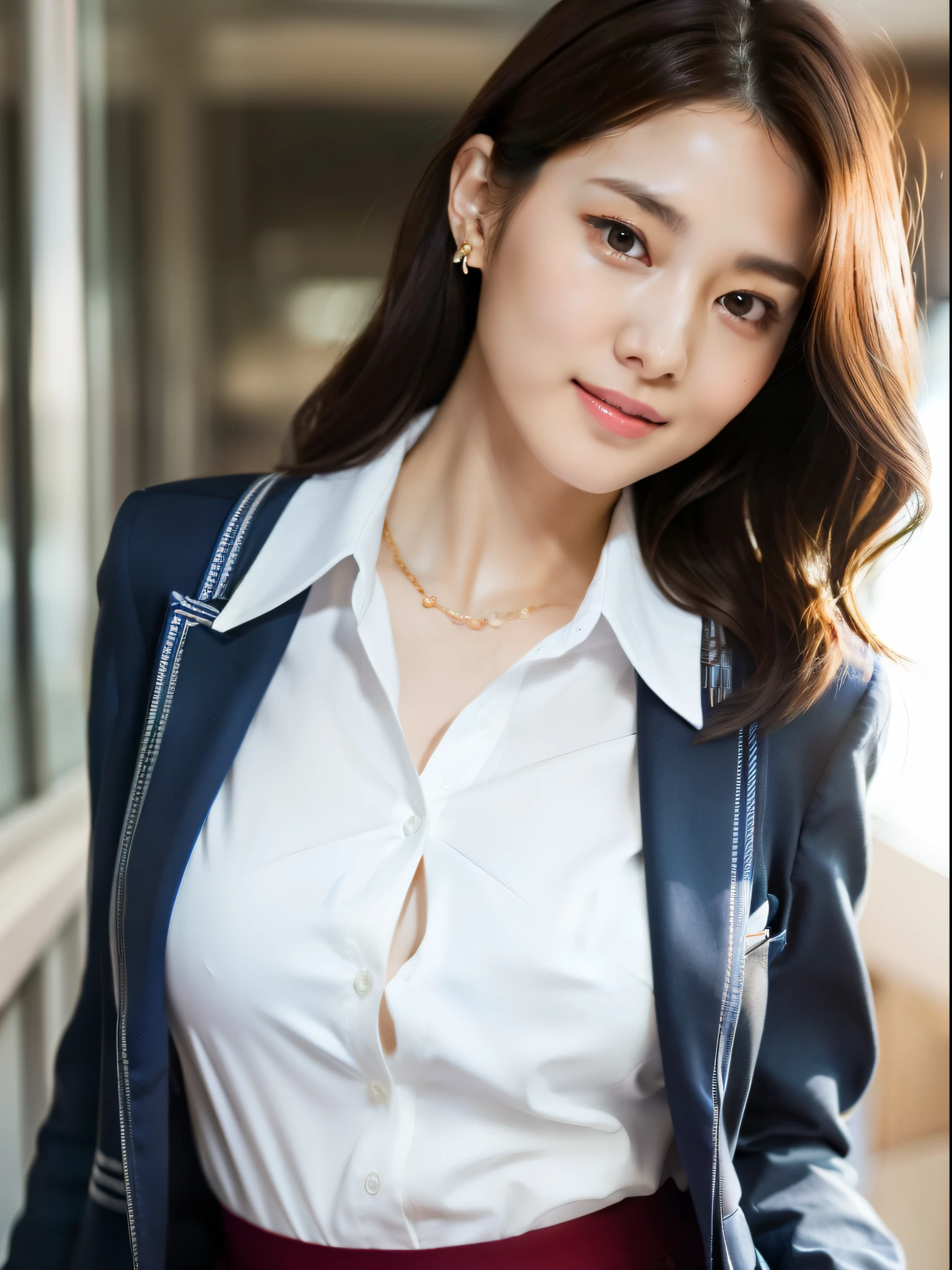 8K, RAW photo, photorealistic, realistic, highest quality, masterpiece, sharp focus, real person, ultra high resolution, 1 girl, Japanese, 20-year-old, Very beautiful face and body, small eyes and pupils, compensate, Red shiny lips, brown hair, earrings, mature, sexy, cute, wonderful, intellectual, smile, Slim face and body, fair and clean skin, Tailored jacket in navy blue, white shirt with collar, navy blue skirt, whole body, Viewer walking forward, At the office, daytime, Natural light