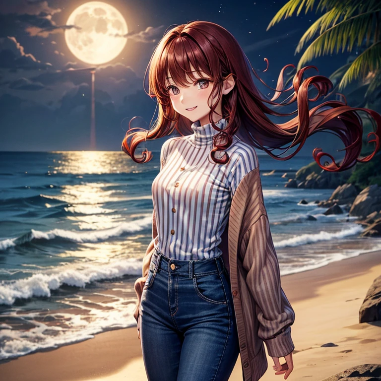 A 14 year old Japanese slender(( small tits)) lady, dark red ((loose curly hair)) short hair , wearing a long sleeved blue shirt ((high neck, vertical stripes))and a long cardigan , white damaged jeans, looks really calming and beautiful and cool, at a beach in midnight, spreading her left arms forward, a soft wind scene, smiling passionately under the moonlight, looking back pose, charming smile