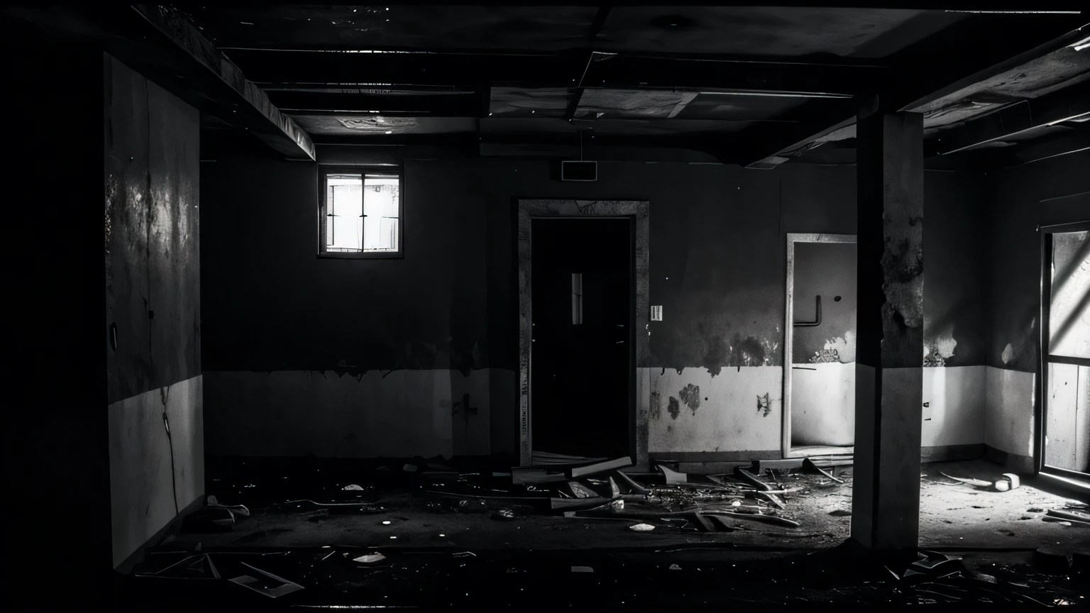 basement of an abandoned house, sujo, velho, empoeirado, Escuro, no meio de uma floresta, ((monochrome)), ((Escuro)), feio:5, ProfundoNegativo