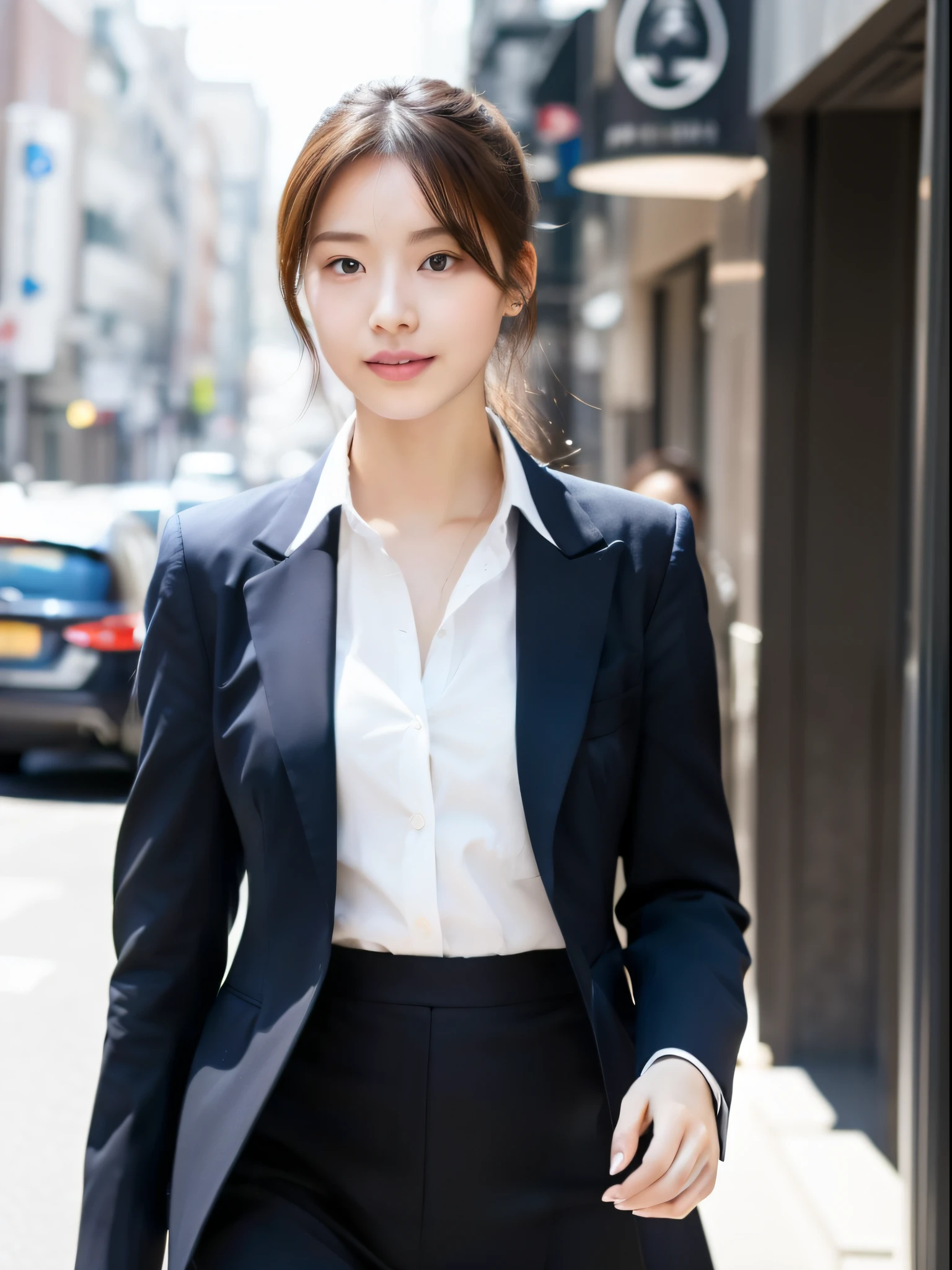 8K, RAW photo, photorealistic, ponytail,,realistic, highest quality, masterpiece, sharp focus, real person, ultra high resolution, 1 girl, Japanese, 20-year-old, Very beautiful face and body, small eyes and pupils, compensate, Red shiny lips, brown hair, earrings, mature, sexy, cute, wonderful, intellectual, smile, Slim face and body, fair and clean skin, Tailored jacket in navy blue, white shirt with collar, navy blue skirt, whole body, Viewer walking forward, At the office, daytime, Natural light
