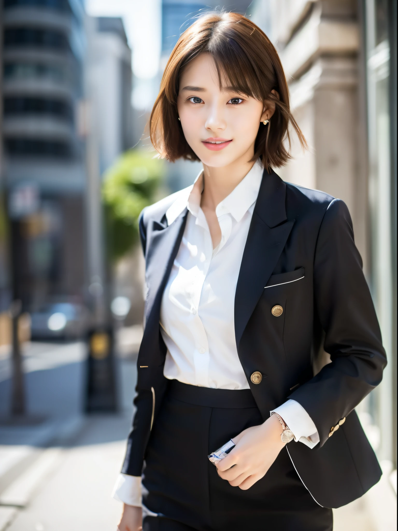 8K, RAW photo, photorealistic, short hair,realistic, highest quality, masterpiece, sharp focus, real person, ultra high resolution, 1 girl, Japanese, 16 years old, Very beautiful face and body, small eyes and pupils, compensate, Red shiny lips, brown hair, earrings, mature, sexy, cute, wonderful, intellectual, smile, Slim face and body, fair and clean skin, Tailored jacket in navy blue, white shirt with collar, navy blue skirt, whole body, Viewer walking forward, At the office, daytime, Natural light