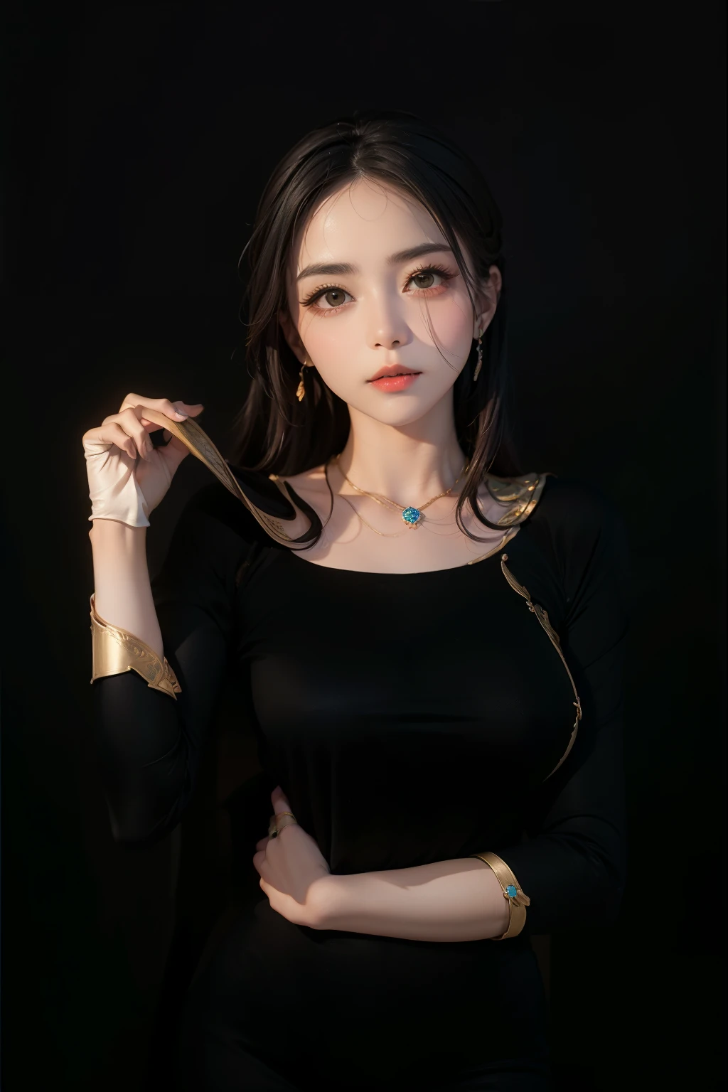 Photorealistic, high resolution, 1 woman, hips up, Beautiful eyes, Long hair, ringed eyes, jewelry, tattoo, taoist