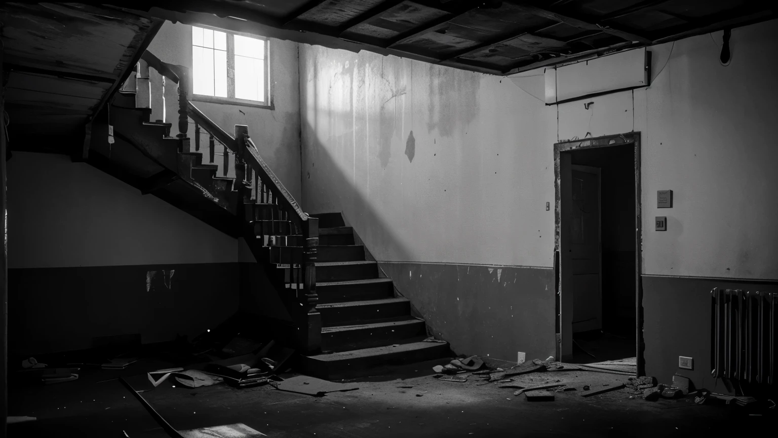 basement of an abandoned house in the room with a staircase to the second floor, sujo, velho, empoeirado, escuro, no meio de uma floresta, ((monochrome)), ((dark)), ugly:5, DeepNegative