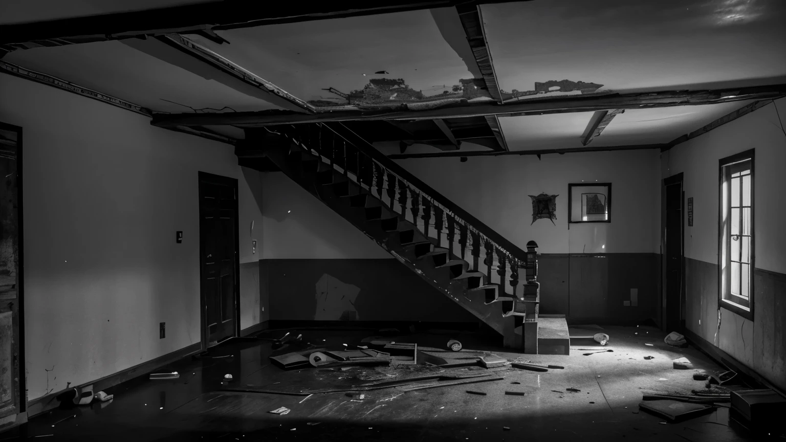 basement of an abandoned house in the room with a staircase to the second floor, sujo, velho, empoeirado, escuro, no meio de uma floresta, ((monochrome)), ((dark)), ugly:5, DeepNegative