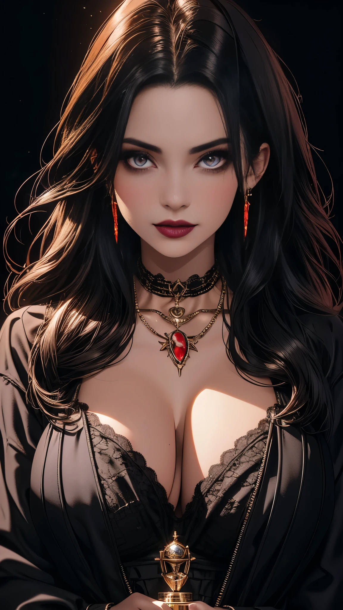 Photograph, Professional, upper body, (detailed face and eye:1.4), purple eyes,((deep cleavages)), colorful hair, color photography of woman,((vampire girl)), ,, ((blood on lips)),(dark makeup), necklace,(((massive perfect breast))), earrings, (dark lipstick), , sharp focus, focus on upper body, insanely sharp details, extremely detailed, gigantic breasts in frame, 4K HQ, 8K, depth of field, f/1.2, leica, 8K HDR, High contrast, highly retouch, shadows, bokeh, award winning photography, best photographers.