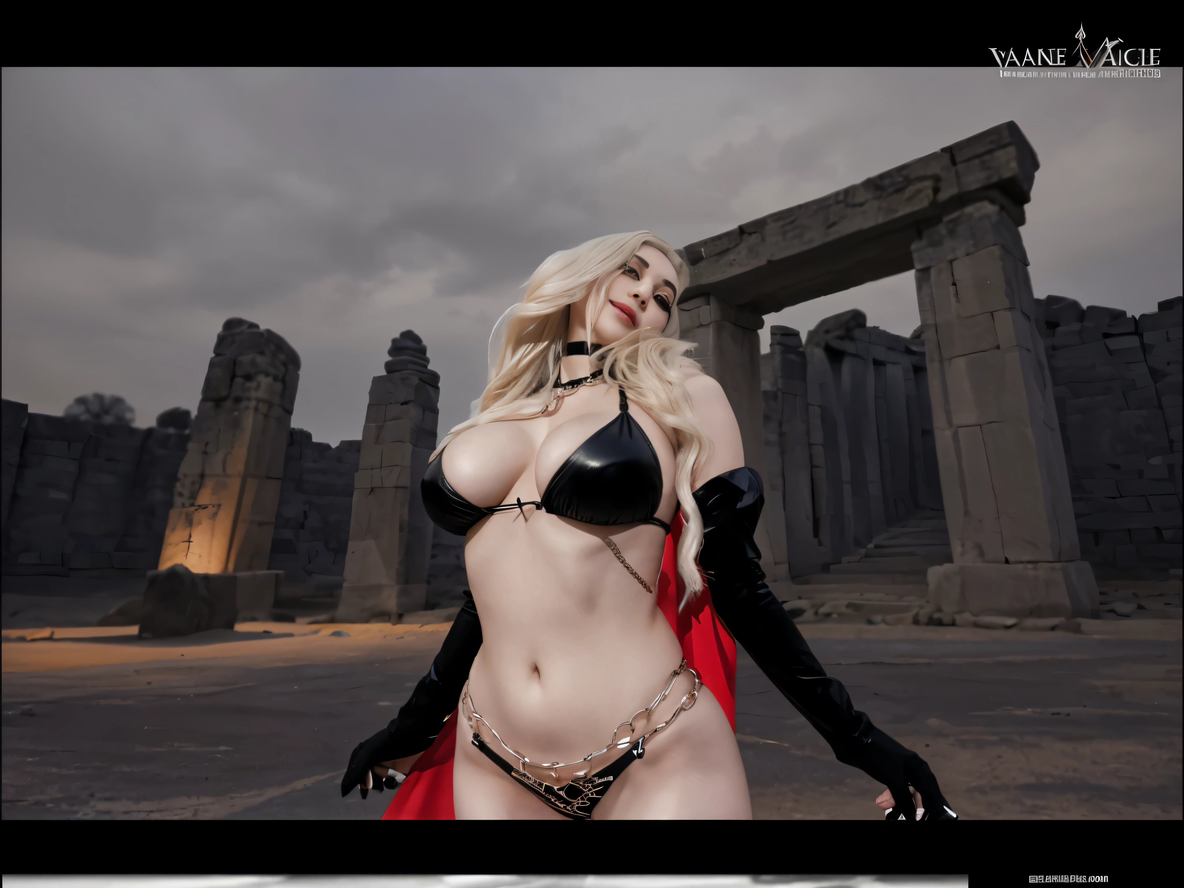 Alafid woman in costume standing in front of stone structure, Looked up,Expose the neck,女魅魔vampire, vampire, busty witch, 性感迷人的女vampire, black bikini。Black leather cuffs,Heavy makeup,big breasts。intense expression。Metal sexy waist chain,open arms