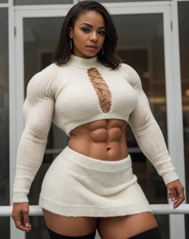 Lizzo , Generate a full length fashion portrait of a heavily muscled iff pro female bodybuilder , her makeup, hair, she is dressed in a tight fluffy woolen sweater, tight miniskirt, white knee high socks, xmas hat, lighting, environment